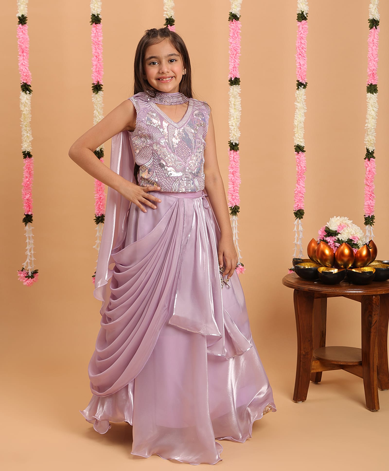 Tiny Kingdom Satin Woven Sleeveless Sequins & Beads Embellished Lehenga Choli Set With Dupatta - Purple-image-40