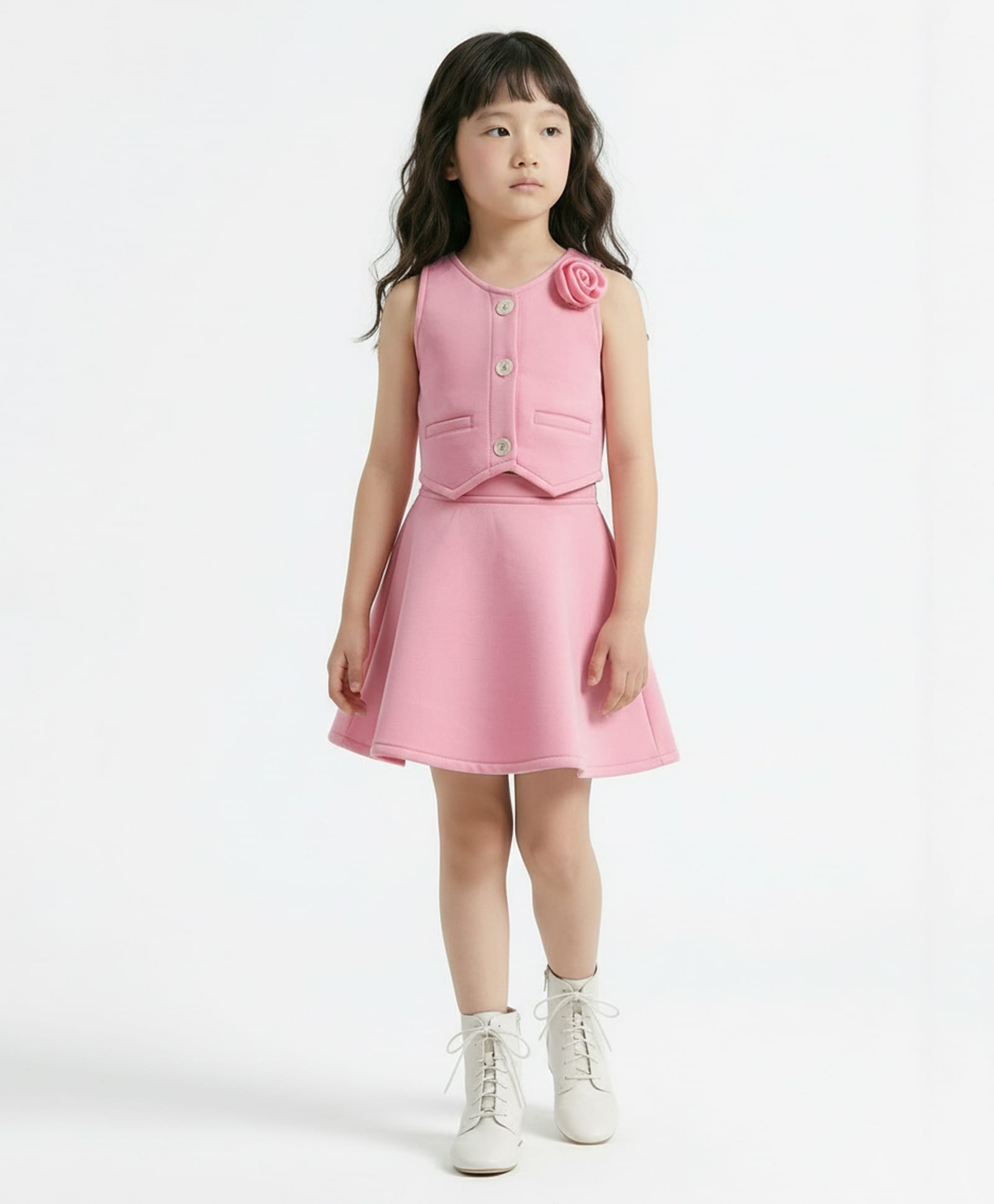 Taffykids Knit Sleeveless Waistcoat & Skirt Set With Floral Applique - Pink-picture-31