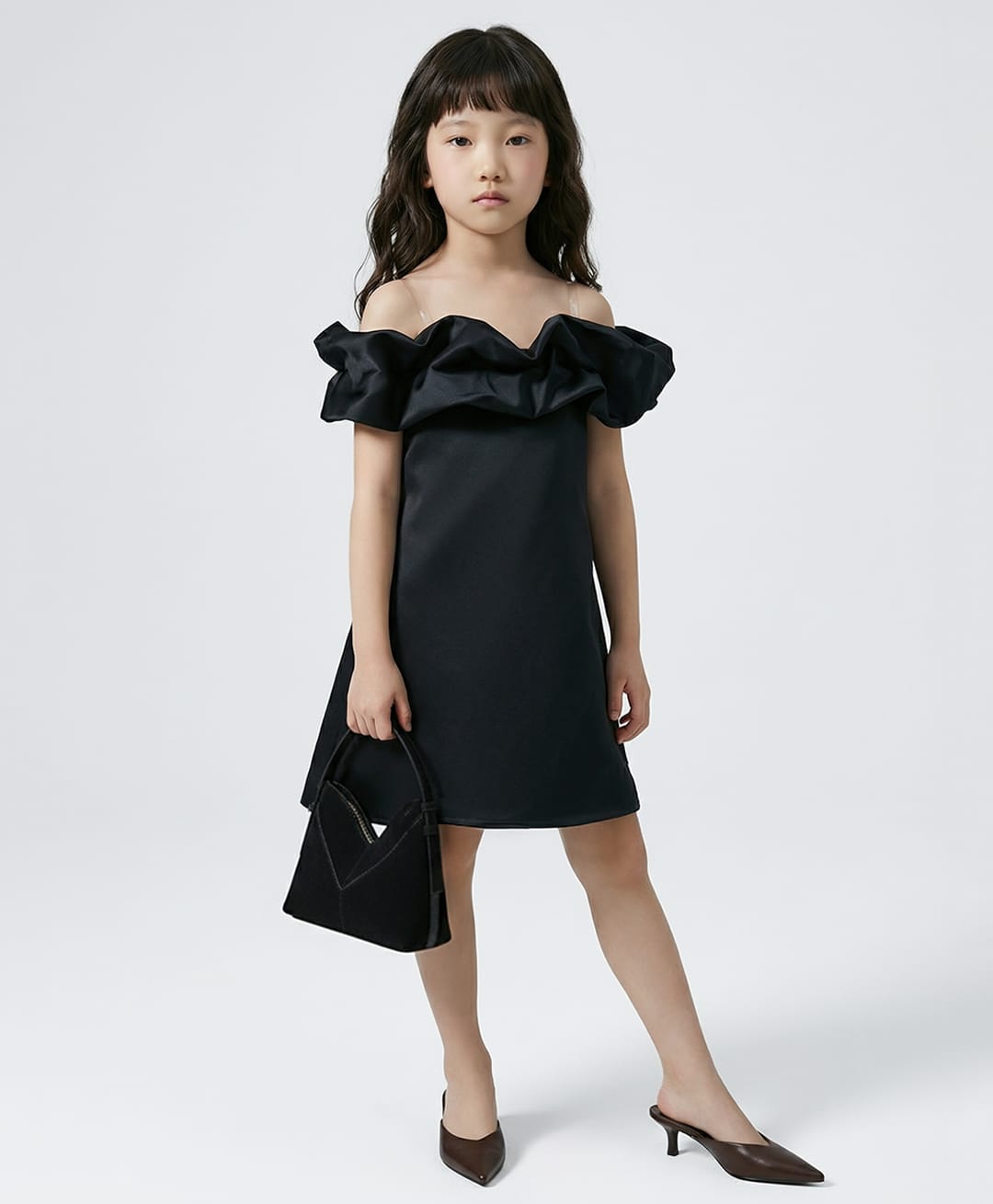 Taffykids Woven Sleeveless Solid Off Shoulder A Line Party Dress With Ruffle Detail - Black-picture-35