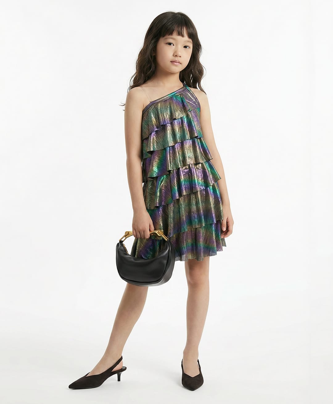 Taffykids Knit Sleeveless Holographic Asymmetric Layered Party Dress With Glitter Print - Multicolor-picture-13