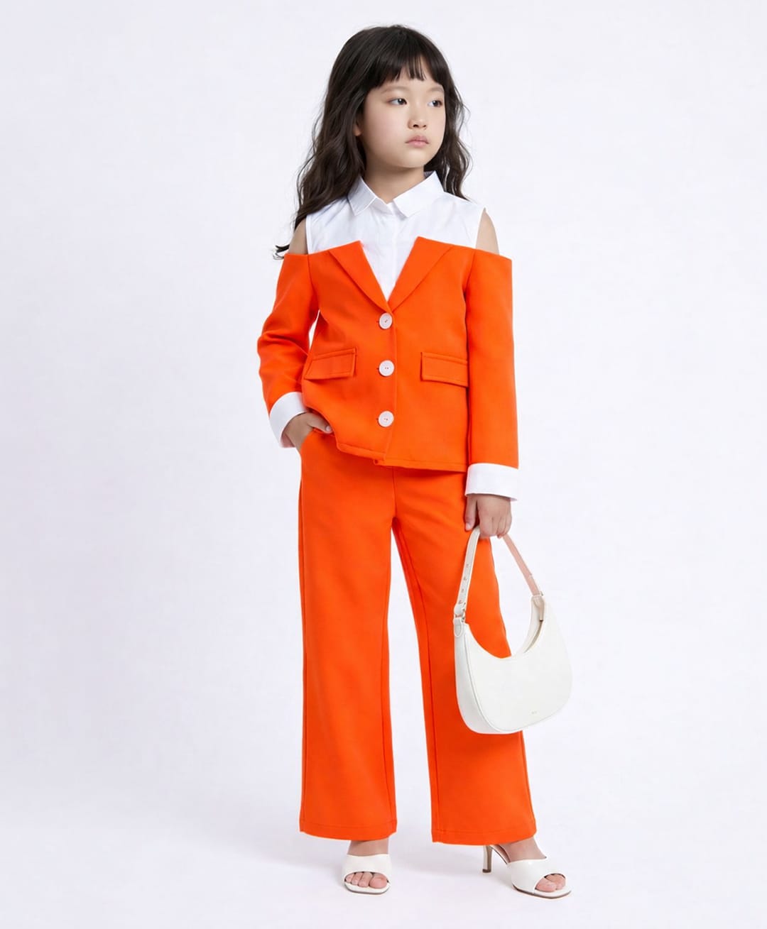Taffykids Woven Full Sleeves Cold Shoulder Shirt Blazer Top And Matching Pant Set-Orange & White-picture-6