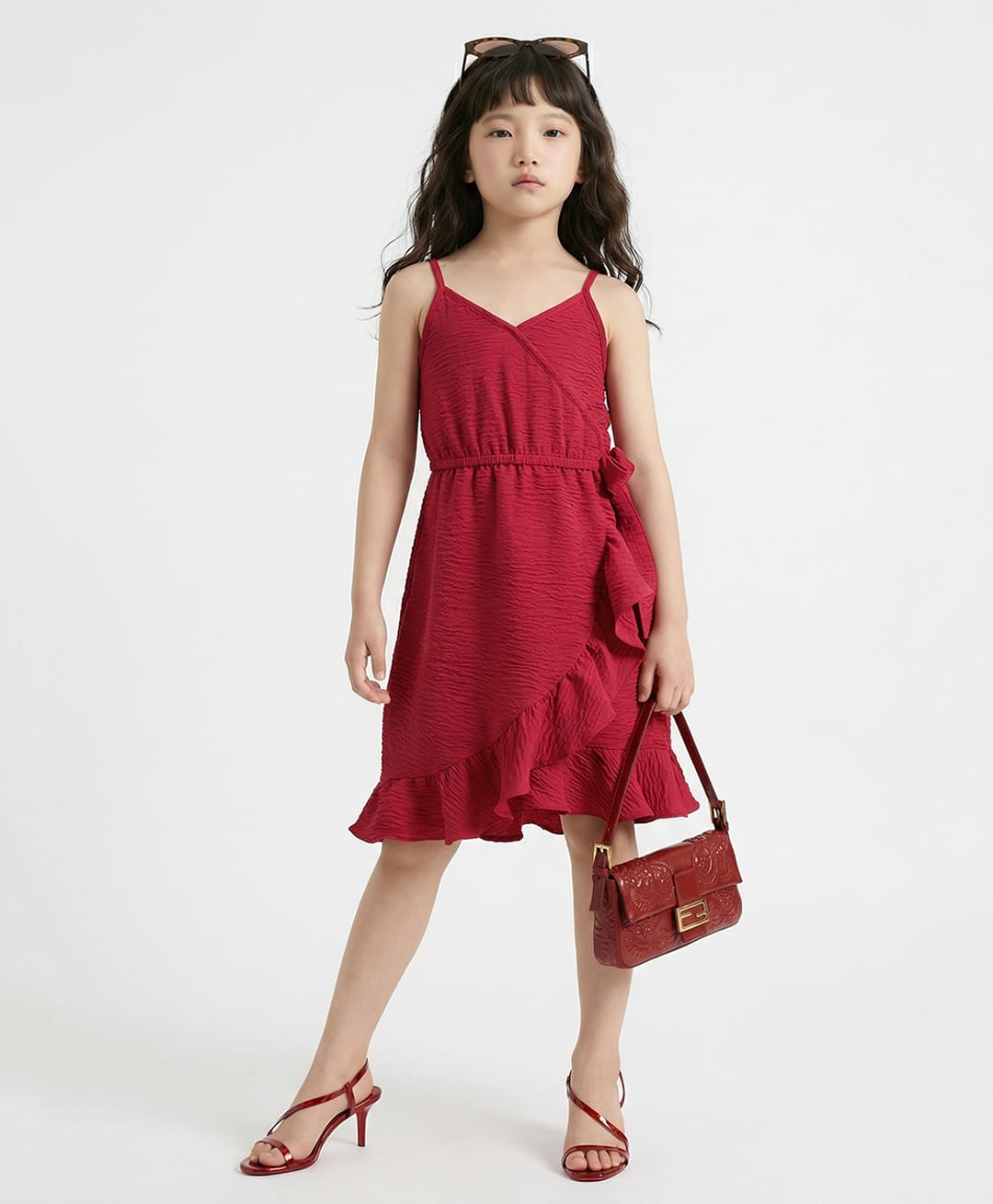 Taffykids Woven Sleeveless Solid Textured Asymmetric Hem Wrap Party Dress With Frill Detail - Red-picture-17