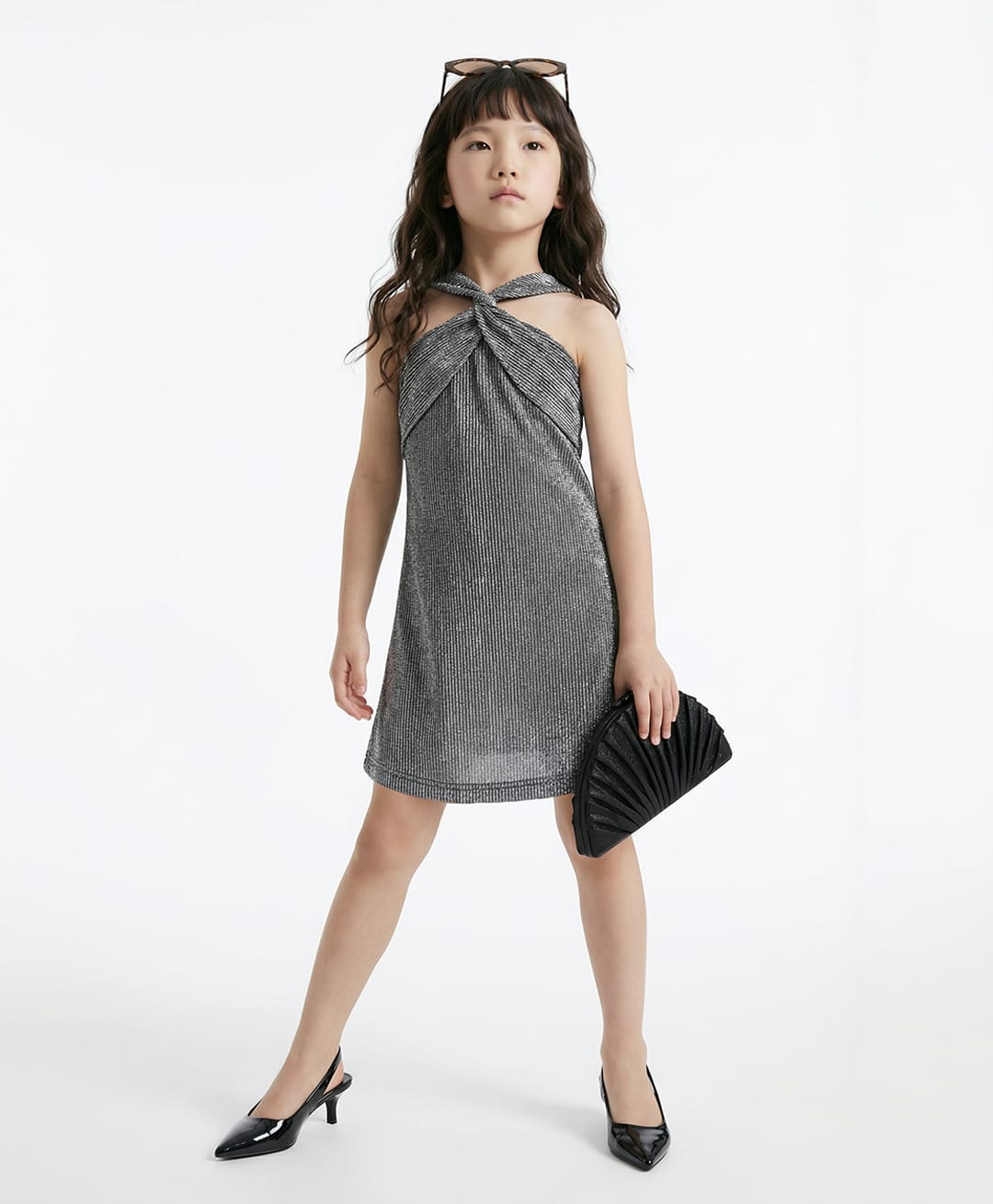 Taffykids Pleated Knit Sleeveless Halter Neck A Line Party Dress - Silver-picture-9
