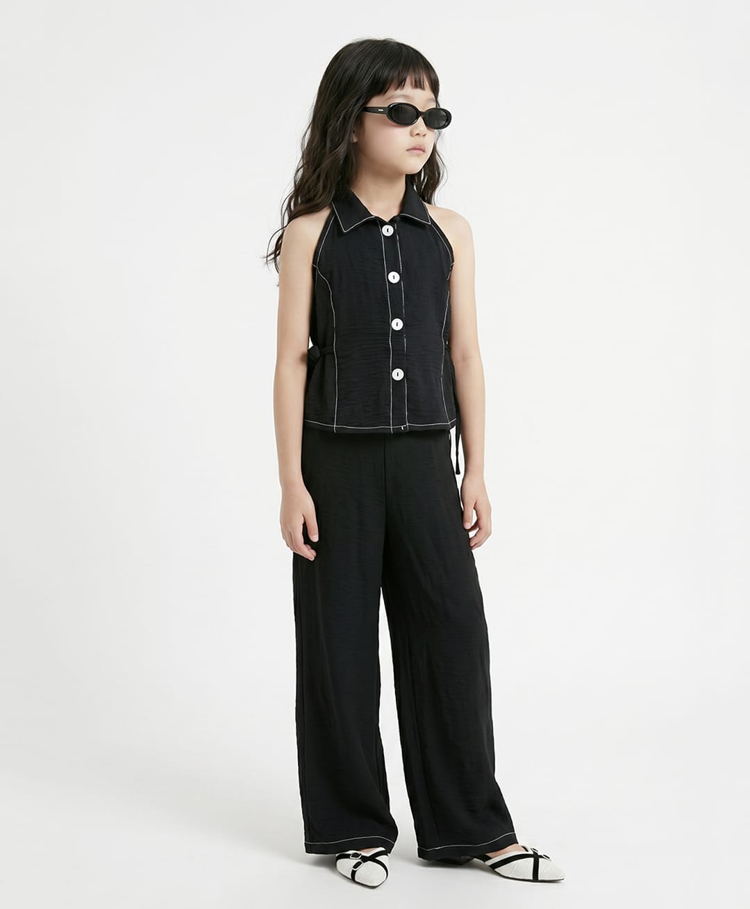 Taffykids Woven Sleeveless Side Tie Up Detail Halter Neck Shirt And Pant Set - Black-picture-33