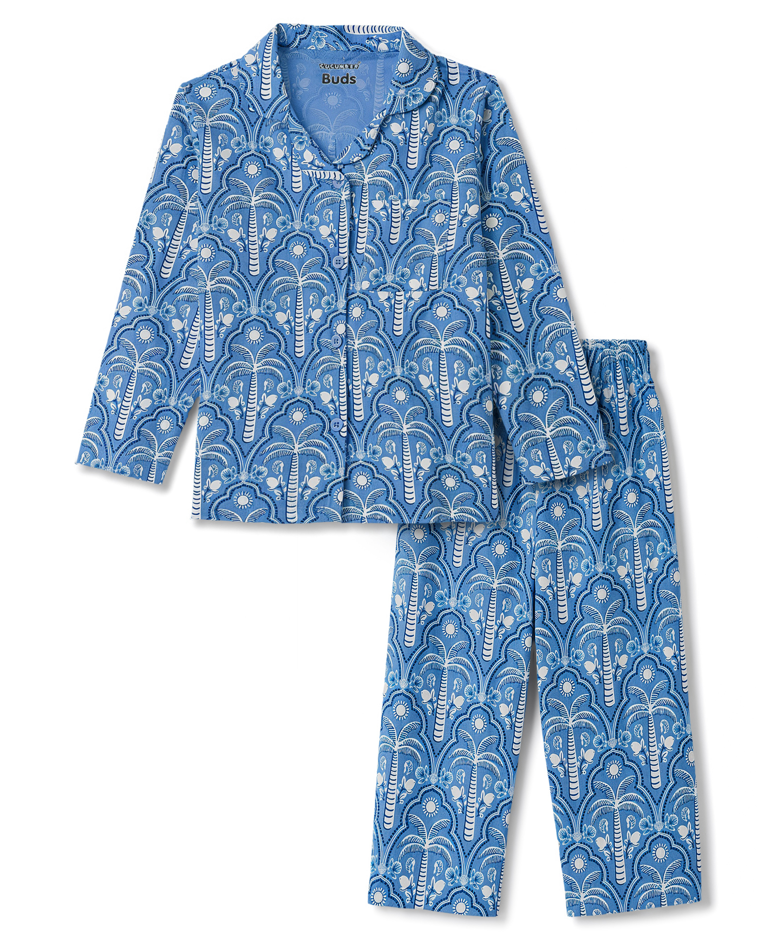 CUCUMBER Sinker Knit Full Sleeves Palm Tree Printed Co-Ords Shirt & Pyjama Night Suit - Blue-image-47