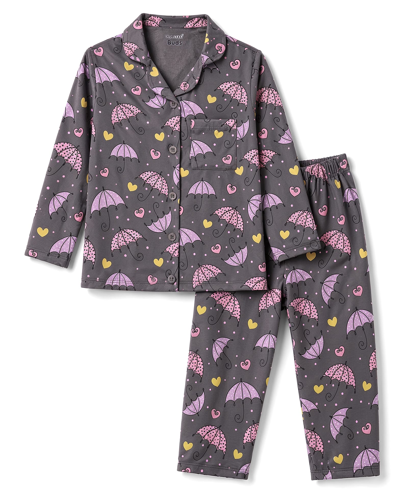 CUCUMBER Sinker Knit Full Sleeves Hearts & Umbrella Printed Co-Ords Shirt & Pyjama Night Suit - Light Grey-picture-10
