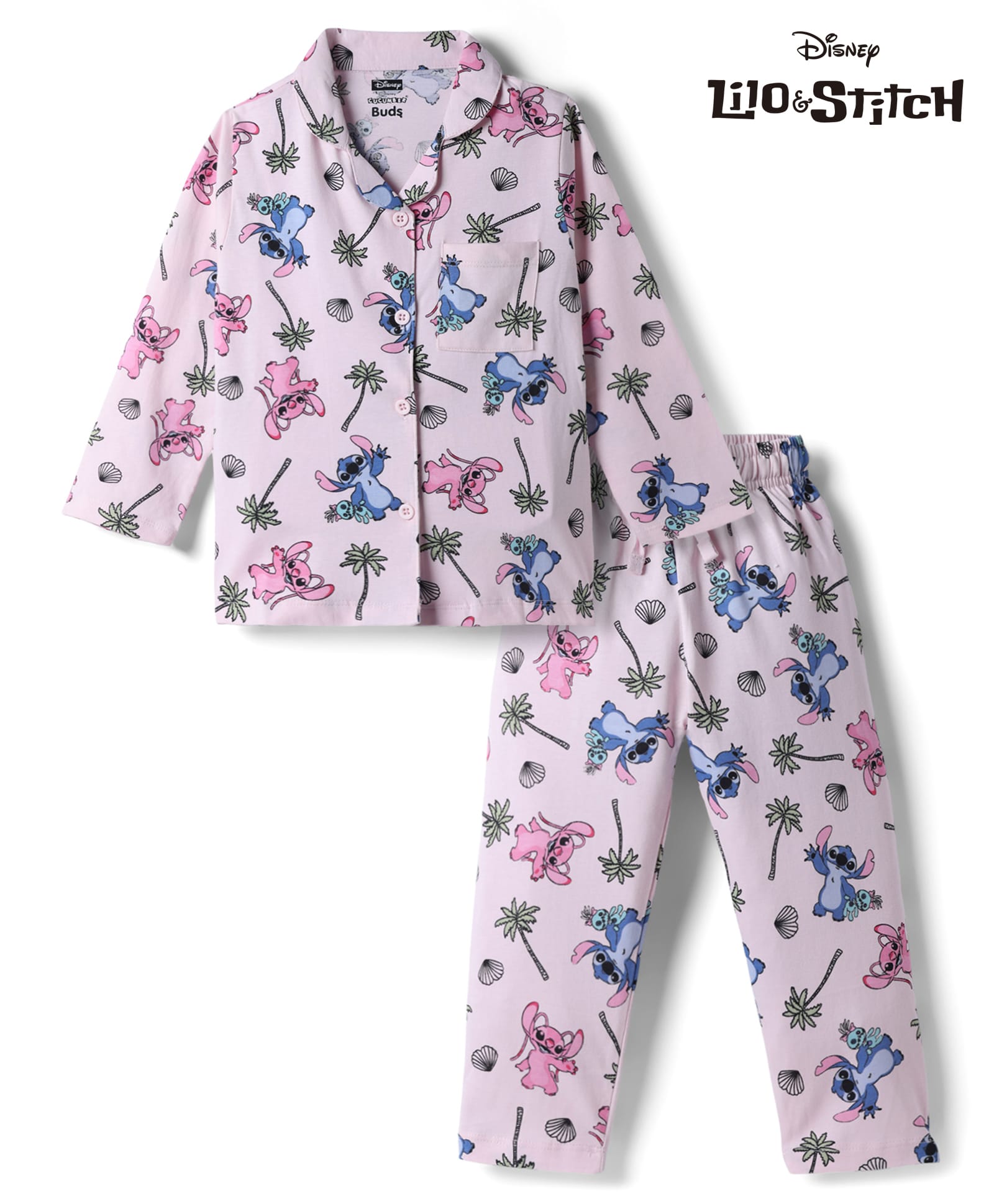 CUCUMBER Disney Sinker Knit Full Sleeves Co-Ords Shirt & Pyjama Night Suit With Stitch Graphics - Light Pink-picture-12