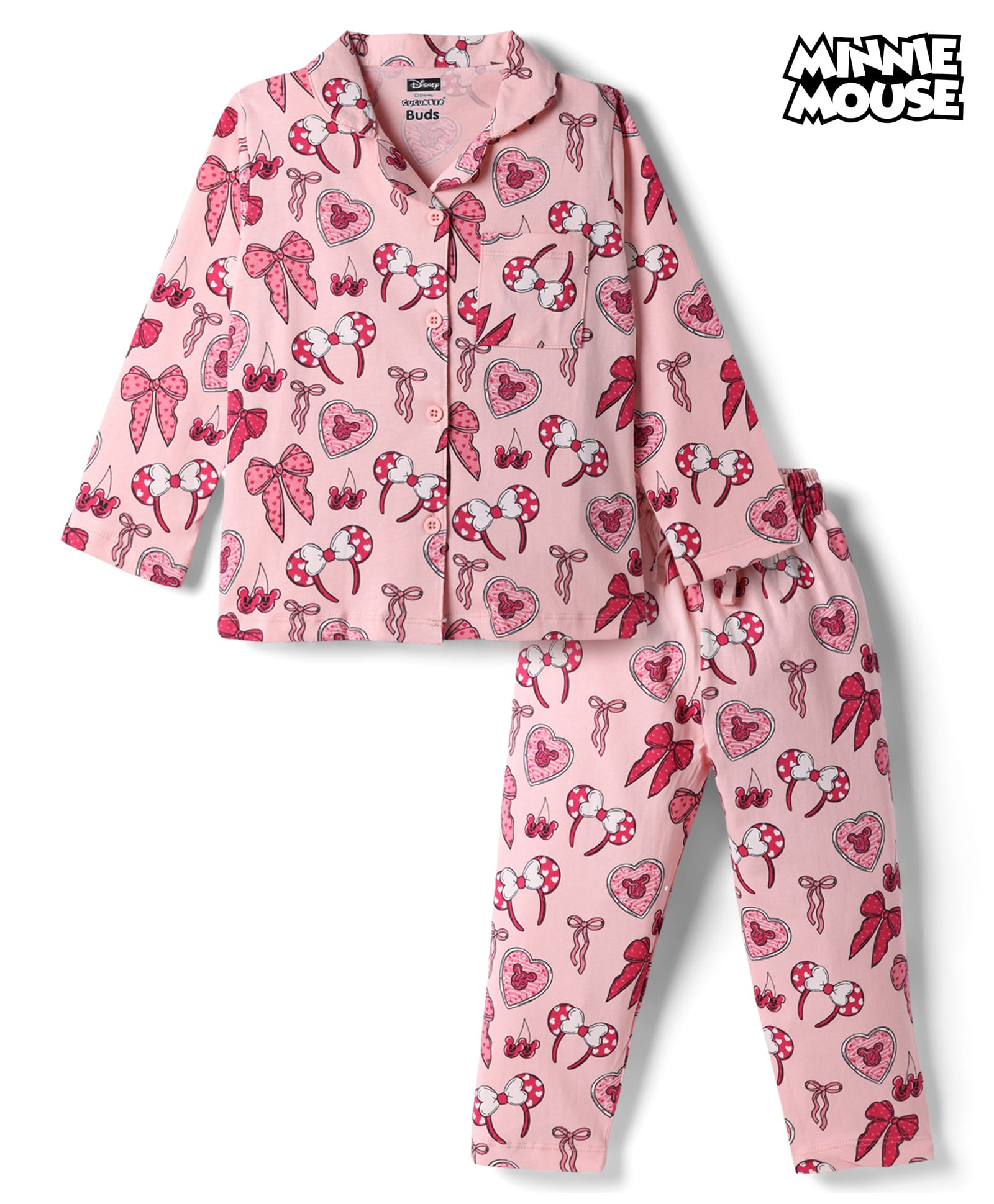 CUCUMBER Disney Sinker Knit Full Sleeves Co-Ords Shirt & Pyjama Night Suit With Minnie Mouse Graphics - Baby Pink-picture-18