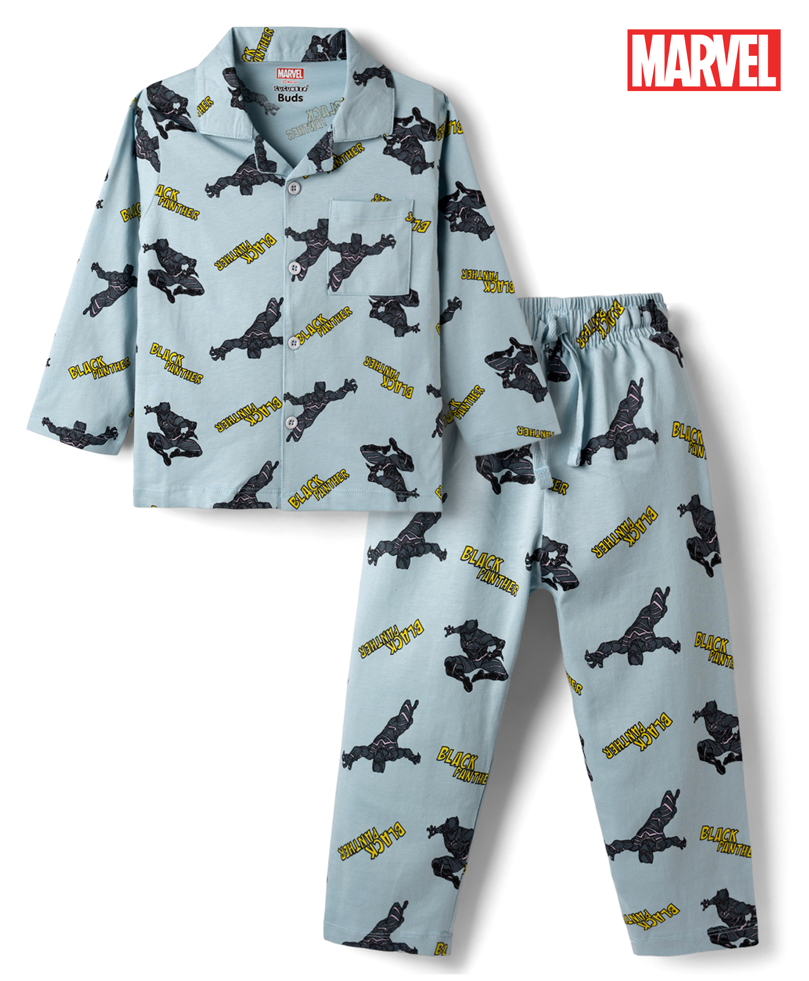 CUCUMBER Sinker Knit Full Sleeves Black Panther Printed Co-Ords Shirt & Pajama Night Suit - Blue-image-5