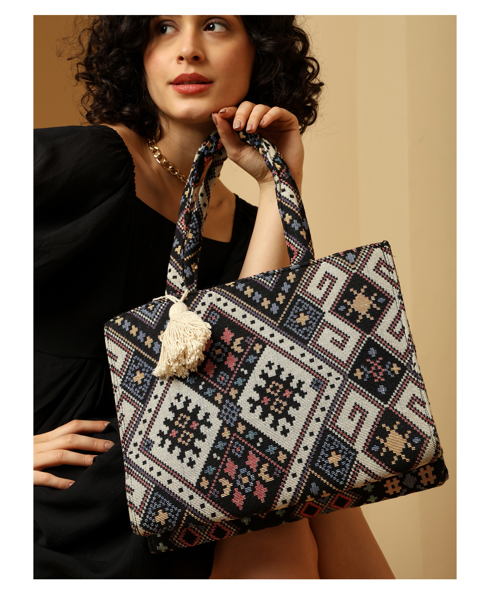 ENSAC Tote Bag for Women Ethnic Embroidered Shoulder Bag with Tassel | Stylish Large Handbag for Office, College-image-0