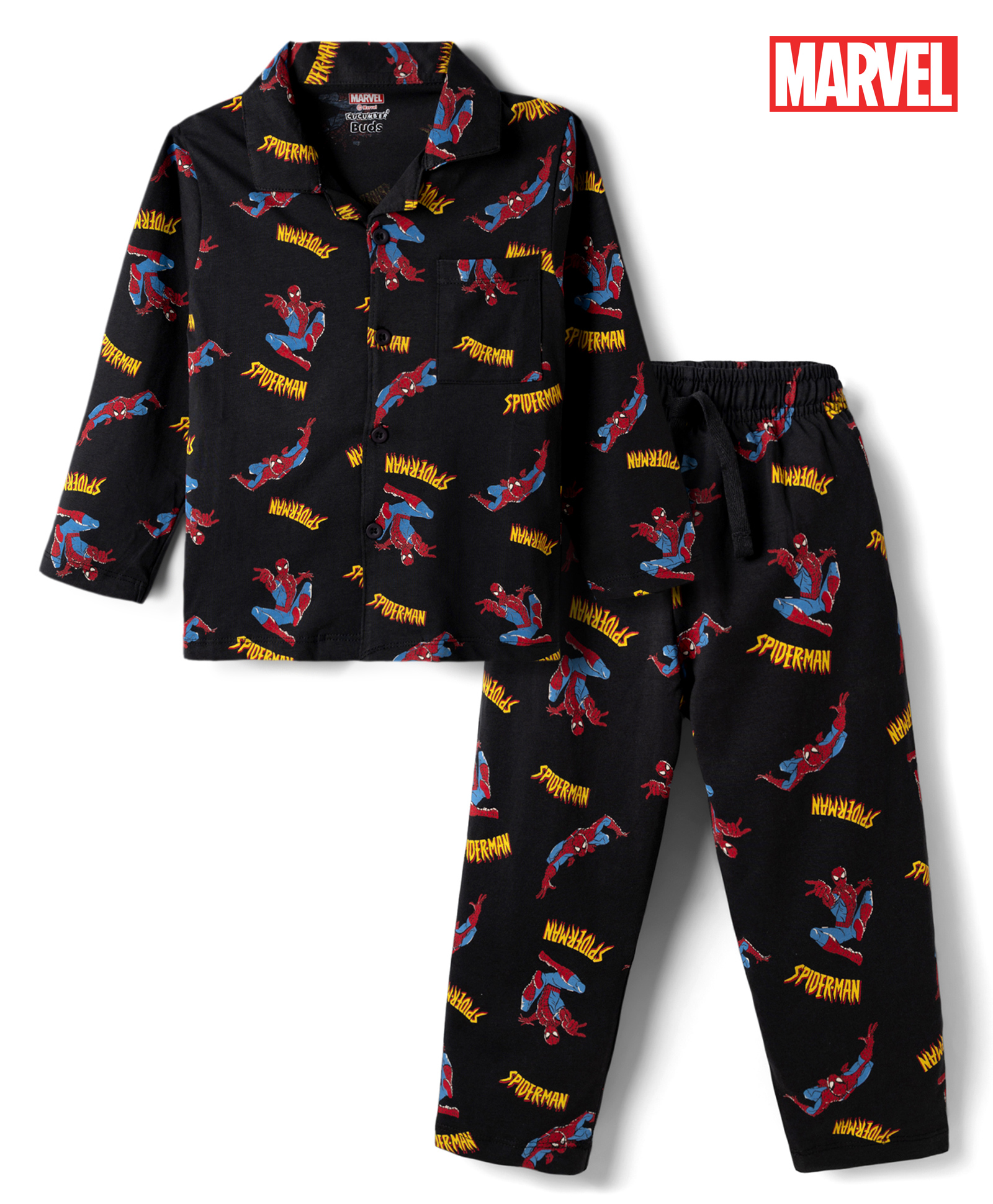 CUCUMBER Sinker Knit Full Sleeves Spiderman Printed Co-Ords Shirt & Pajama Night Suit - Black-image-4