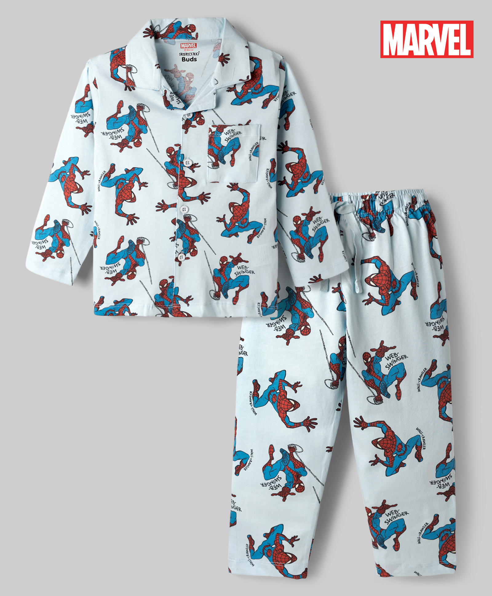 CUCUMBER Sinker Knit Full Sleeves Spiderman Printed Co-Ords Shirt & Pajama Night Suit -Light Blue-image-9