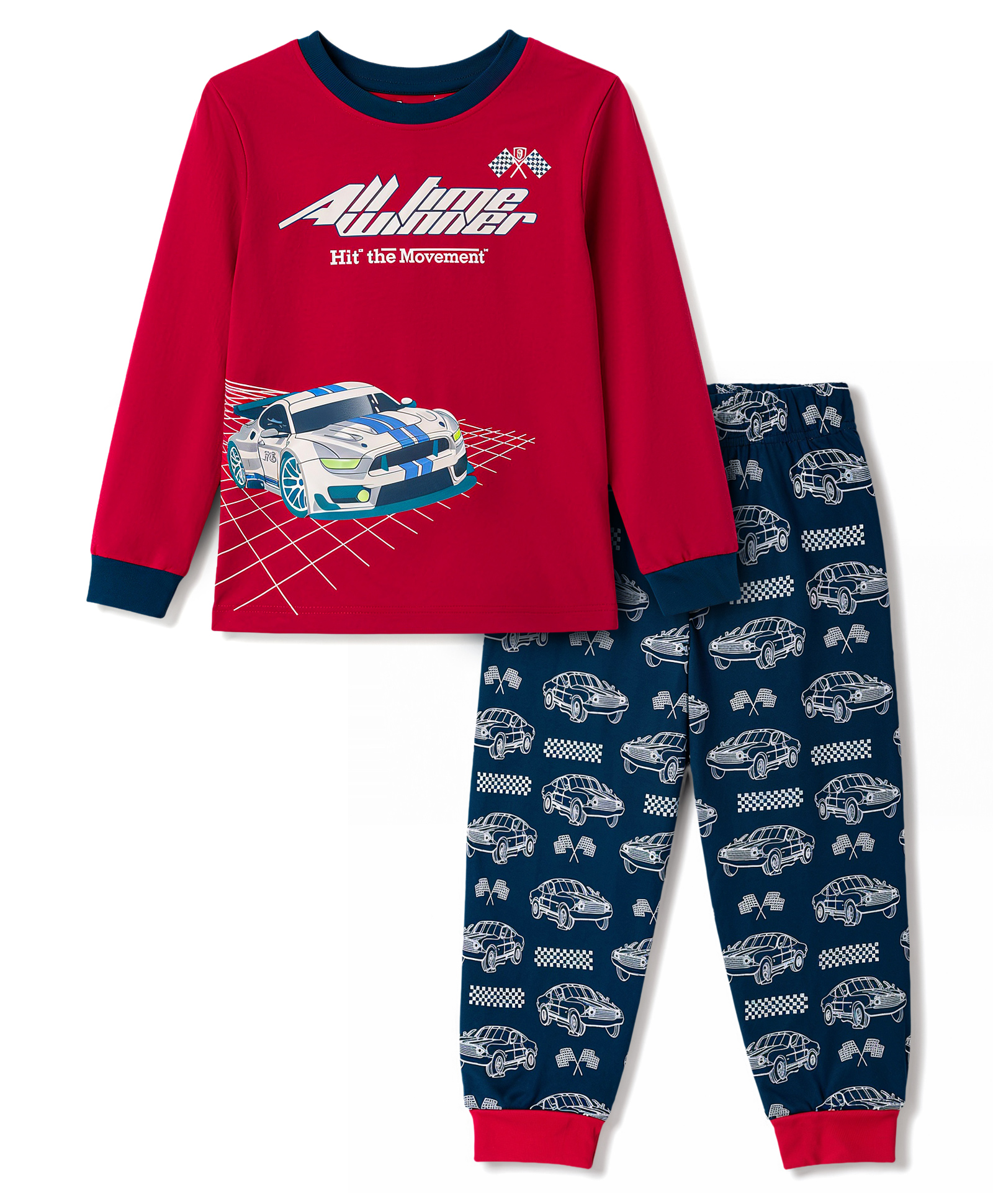 CUCUMBER Sinker Knit Full Sleeves Car Printed T-Shirt & Pyjama Night Suit - Red & Navy Blue-picture-14