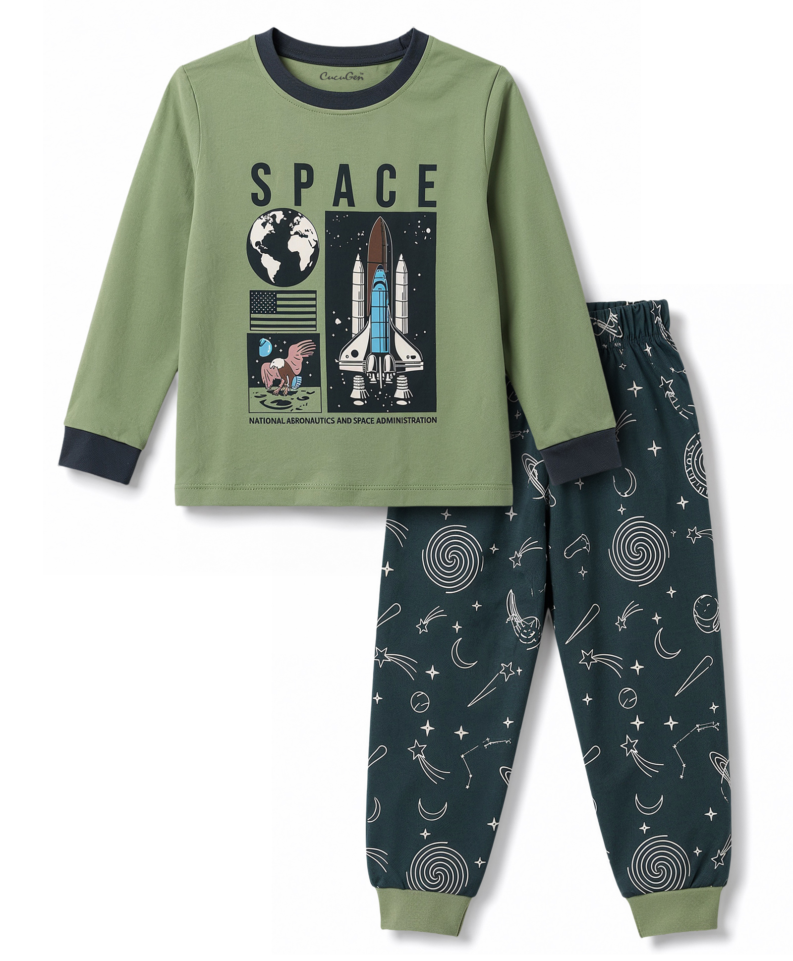 CUCUMBER Sinker Knit Full Sleeves Space Theme Printed T-Shirt & Pyjama Night Suit - Green-image-17
