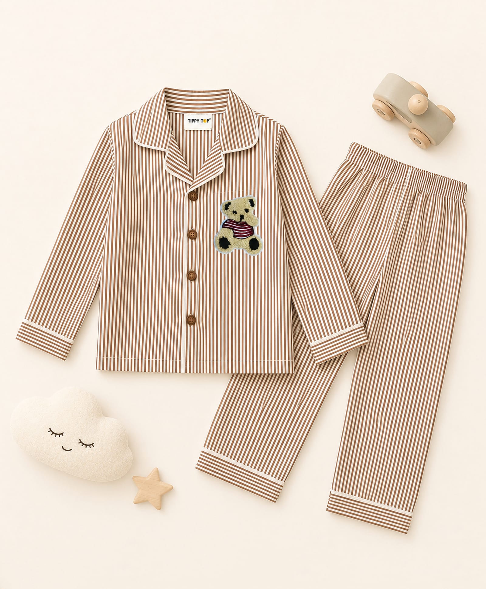 TIPPY TOP Pure Cotton Woven Full Sleeves Teddy Patch Detailed & Striped Coordinating Shirt & Pajama Night Suit - Brown-image-40