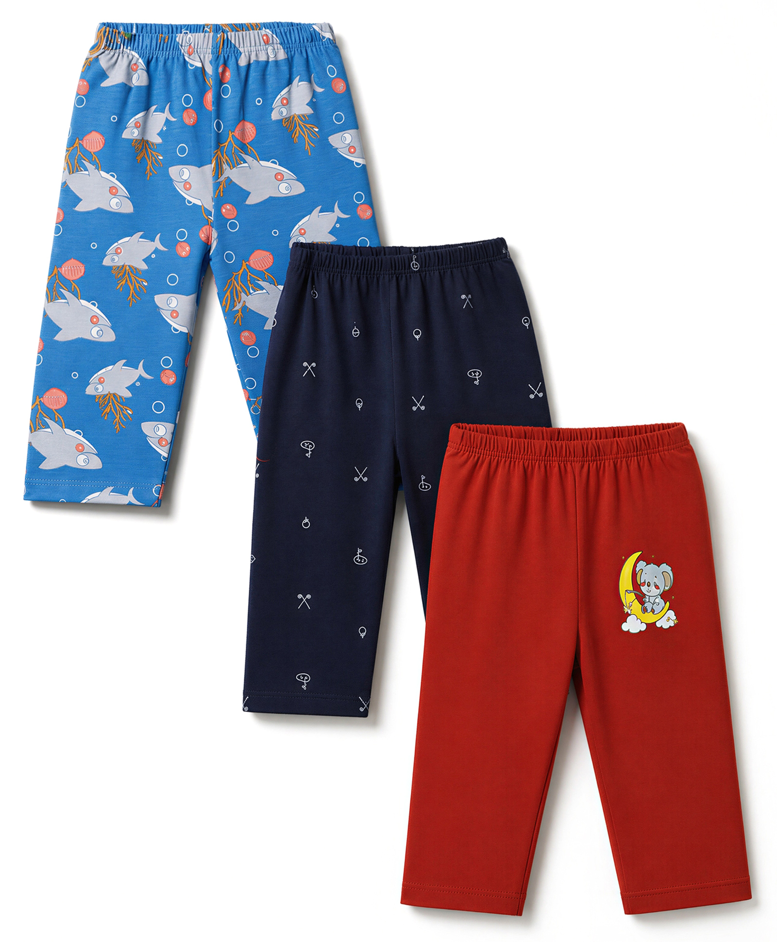 OHMS Single Jersey Knit Full Length Lounge Pant with Shark & Bear Print Pack of 3 - Blue & Red-picture-29