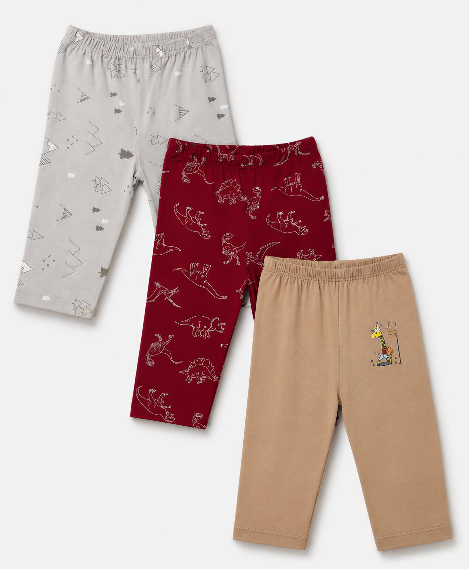 OHMS Single Jersey Knit Full Length Lounge Pant with Dino & Tree Print Pack of 3 - Dark Red White & Beige-picture-22