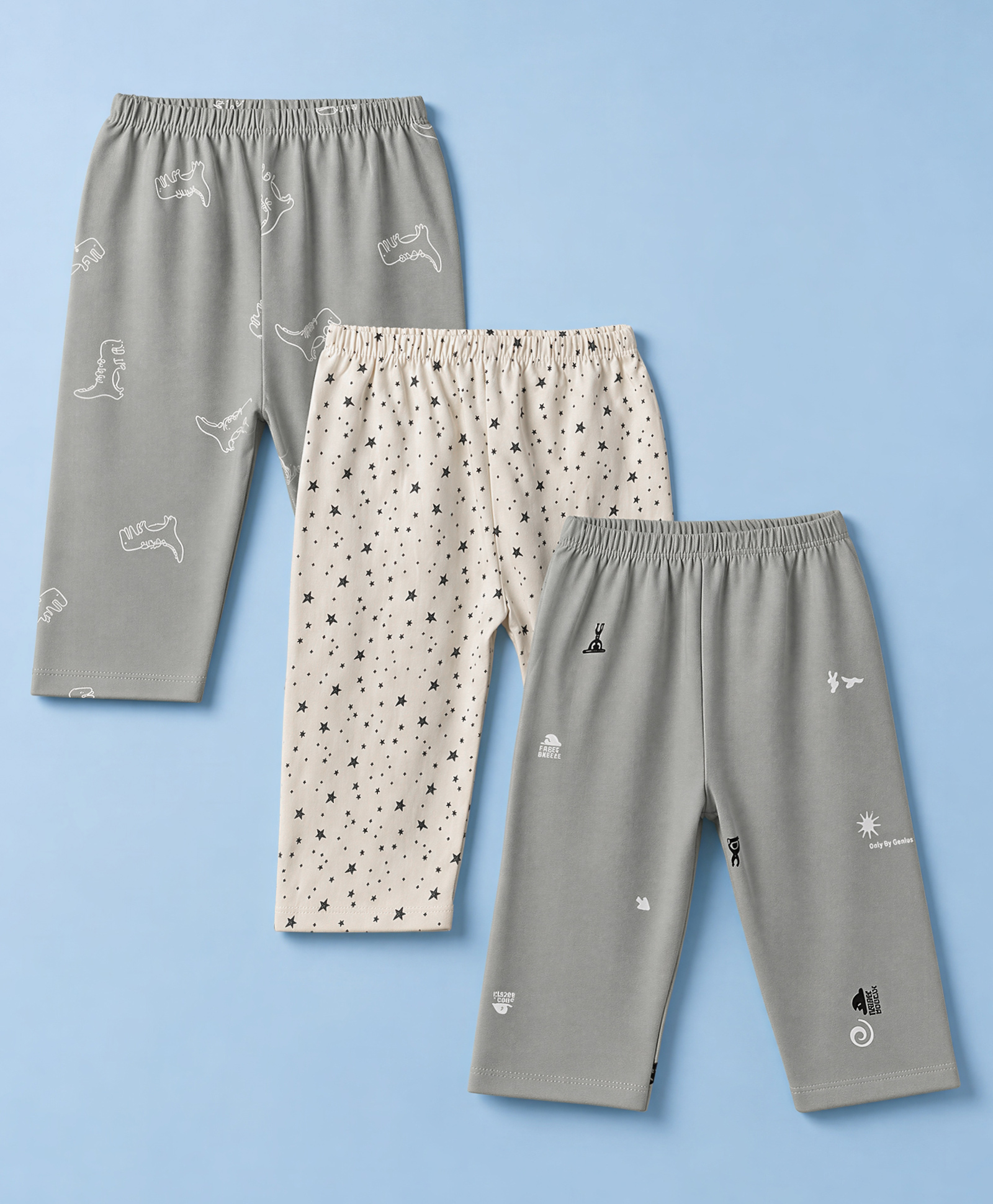 OHMS Single Jersey Knit Full Length Lounge Pant with Dino & Star Print Pack of 3 - White & Grey-picture-12