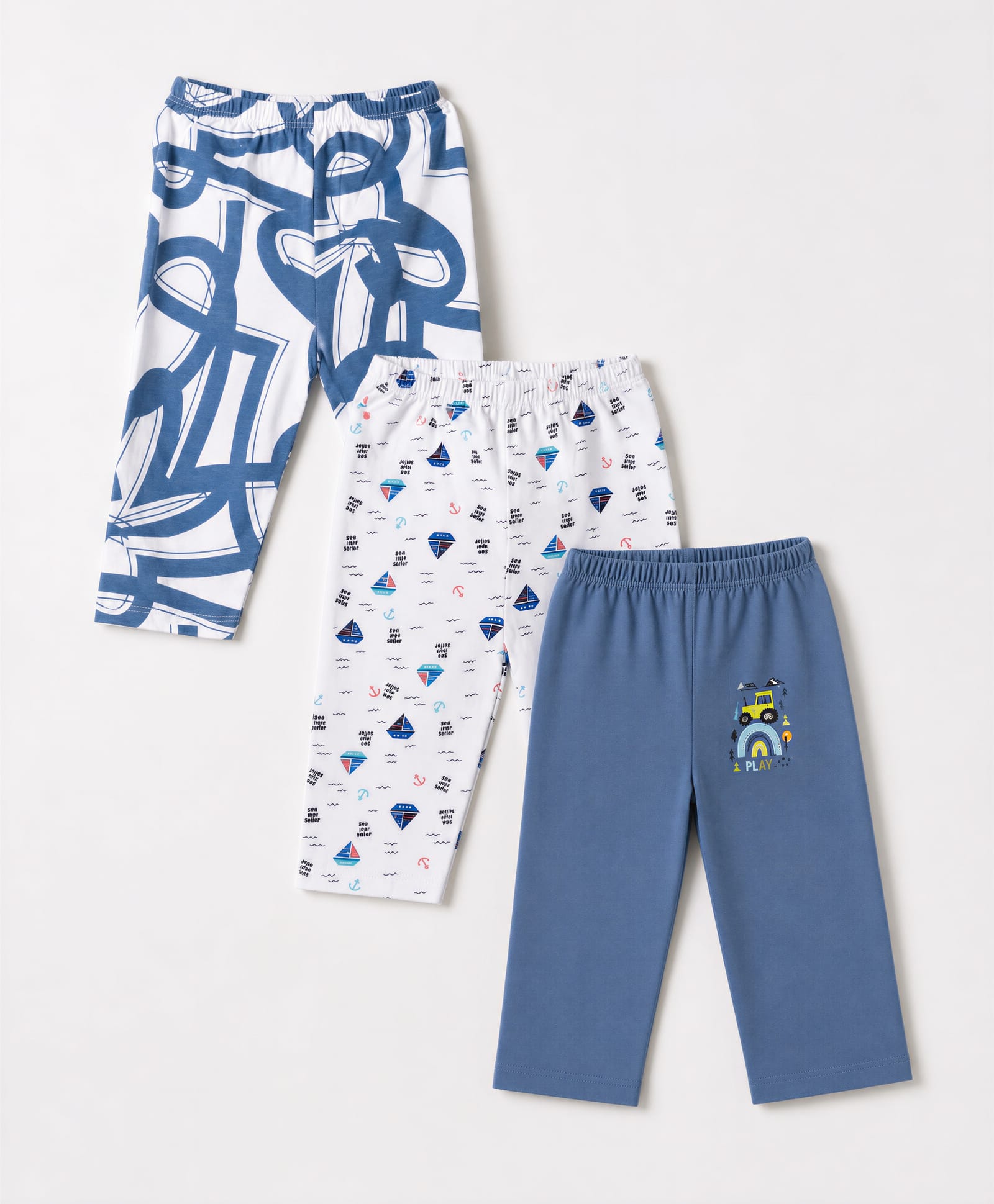OHMS Single Jersey Knit Full Length Lounge Pant with Boat & Car Print Pack of 3 - White & Blue-picture-22