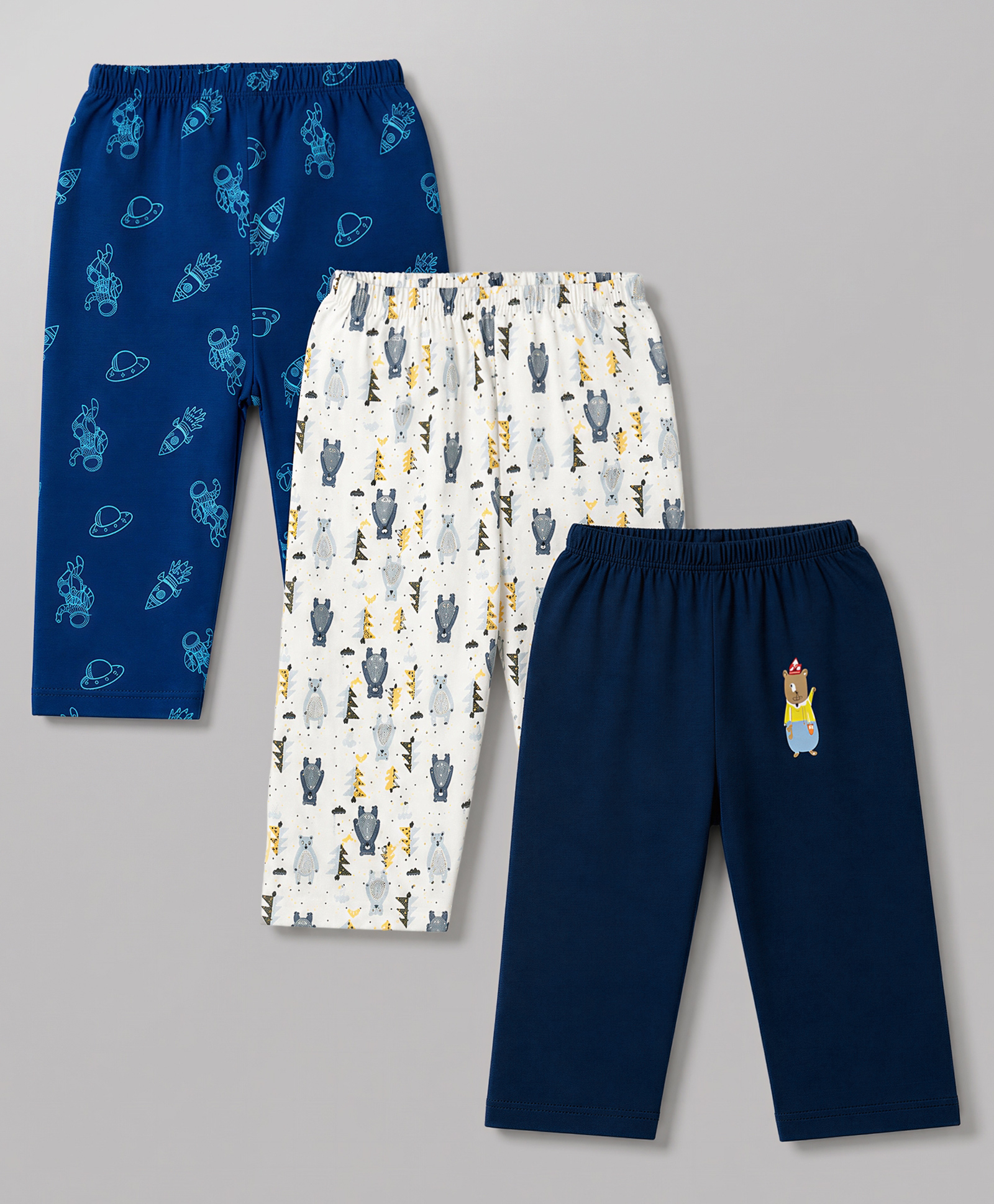 OHMS Single Jersey Knit Full Length Lounge Pant with Space & Bear Print Pack of 3 - Navy Blue & White-picture-17