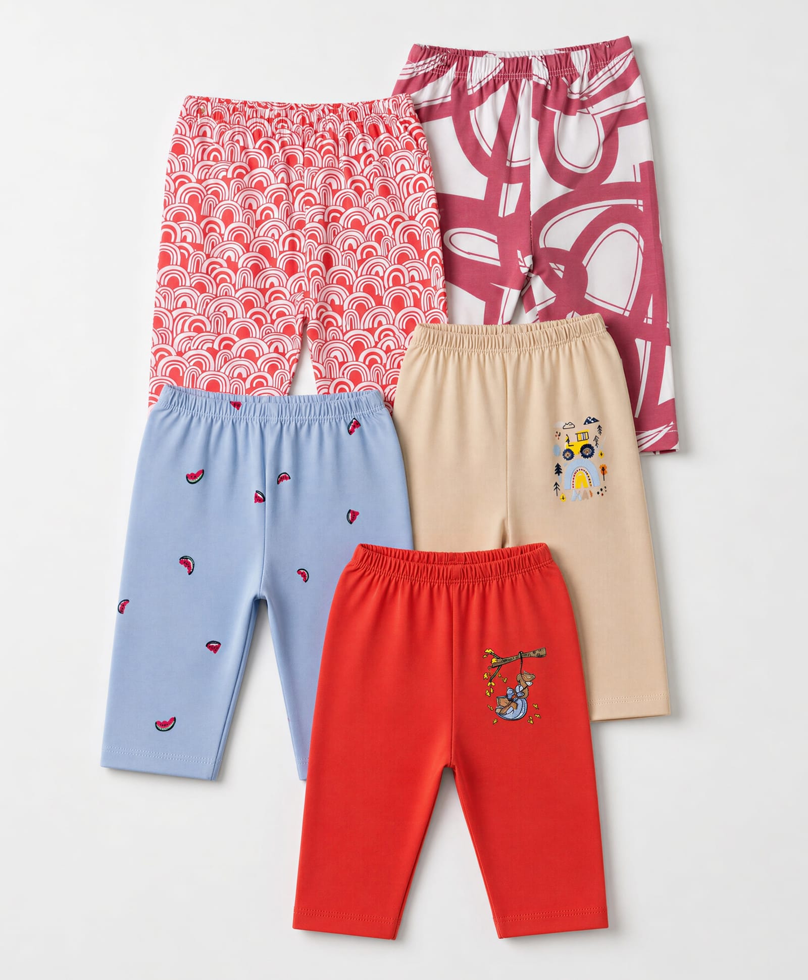 OHMS Single Jersey Knit Full Length Lounge Pant with Rainbow Bear & Car Print Pack of 5 - Red White & Cream-picture-25