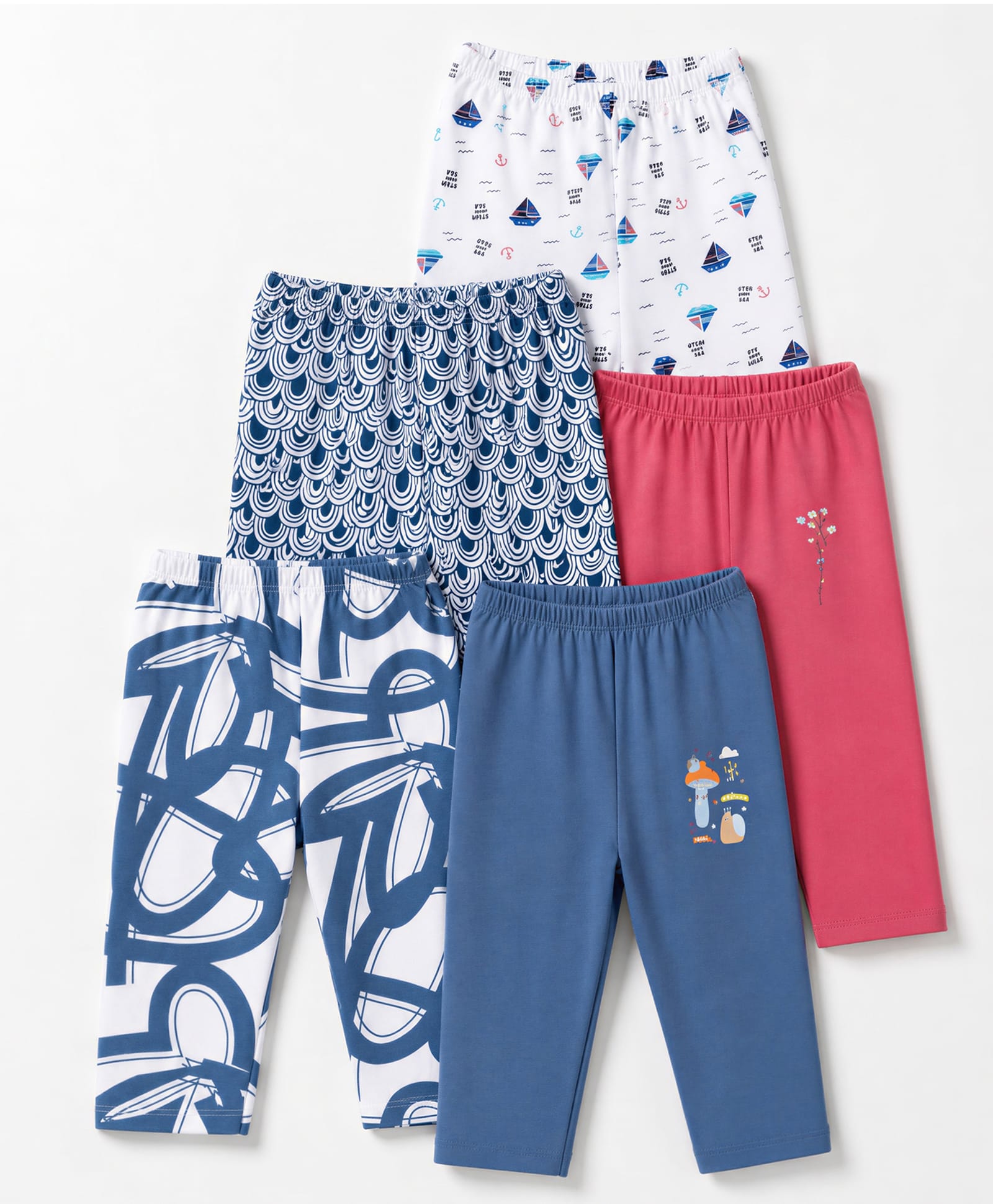 OHMS Single Jersey Knit Full Length Lounge Pant with Rainbow Floral & Boat Print Pack of 5 -Blue White & Pink-picture-26