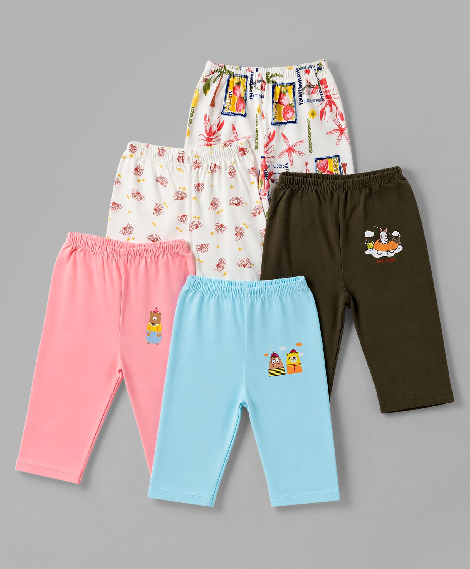 OHMS Single Jersey Knit Full Length Lounge Pant with Bear & Floral Print Pack of 5 -Aqua White & Pink-picture-21