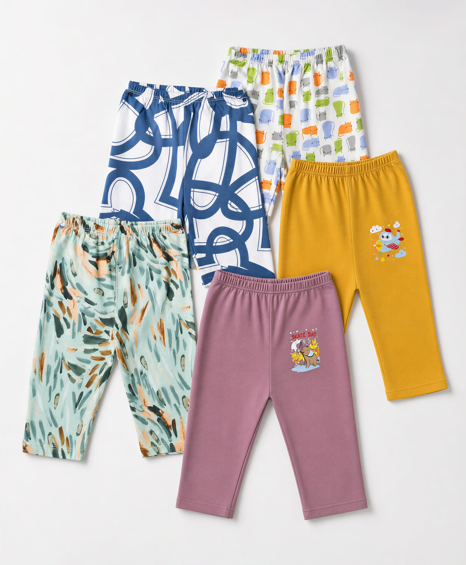 OHMS Single Jersey Knit Full Length Lounge Pant with Kitty & Bear Print Pack of 5 - White & Yellow-picture-20