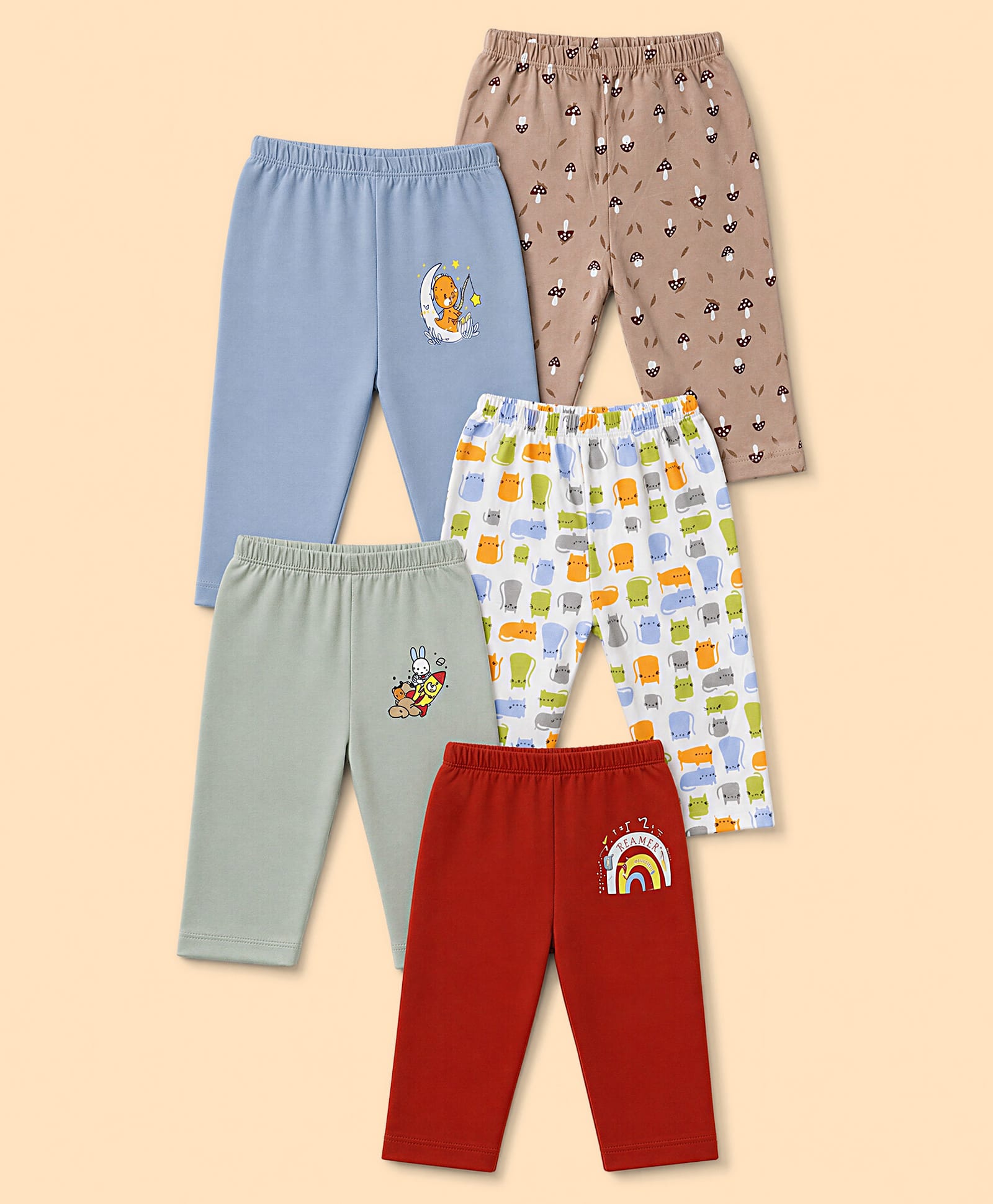 OHMS Single Jersey Knit Full Length Animals & Mushroom Printed Lounge Pants Pack Of 5 - Light Blue Maroon & Light Green-image-7