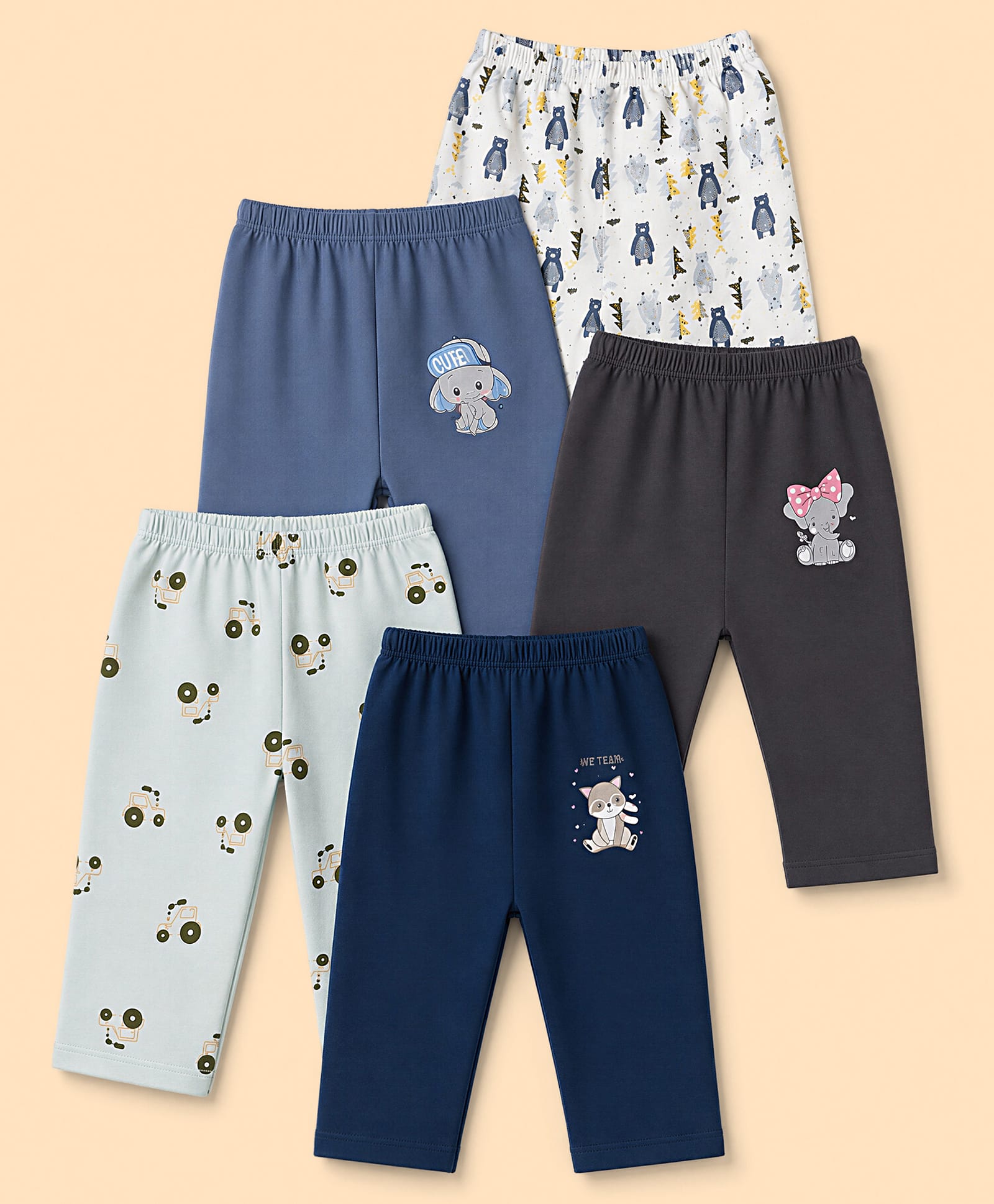 OHMS Single Jersey Knit Full Length Bear & Vehicles Printed Lounge Pants Pack Of 5 - Navy Blue Charcoal Grey & White-picture-11