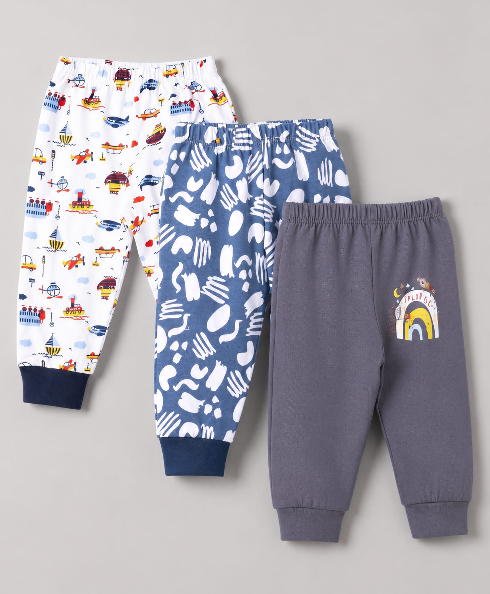 OHMS Single Jersey Knit Full Length Vehicles Printed Lounge Pants Pack Of 3 - Grey Blue & Cream-picture-21