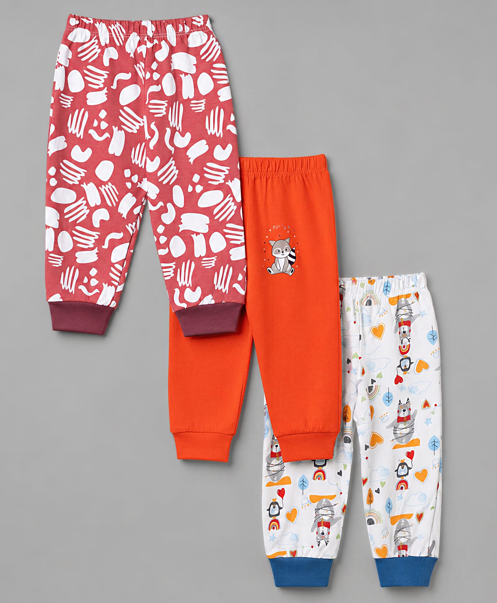 OHMS Single Jersey Knit Full Length Animals Printed Lounge Pants Pack Of 3 - Orange Red & White-picture-22