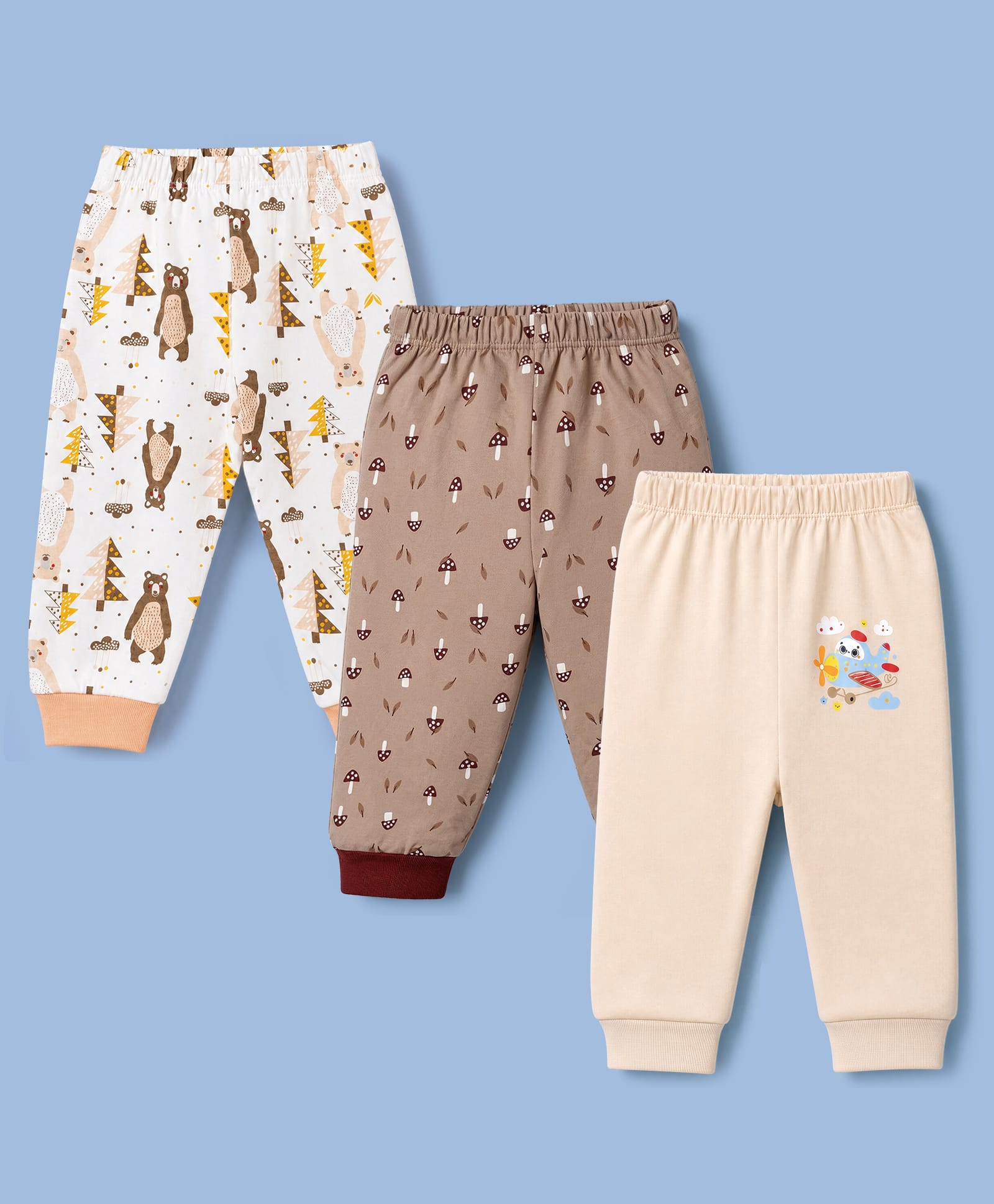 OHMS Single Jersey Knit Full Length Bear & Aeroplane Printed Lounge Pants Pack Of 3 - Beige & Brown-picture-10