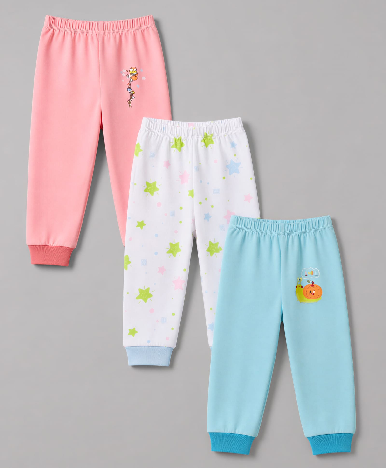OHMS Single Jersey Knit Full Length Star & Snail Printed Lounge Pants Pack Of 3 -White Light Blue & Pink-picture-14