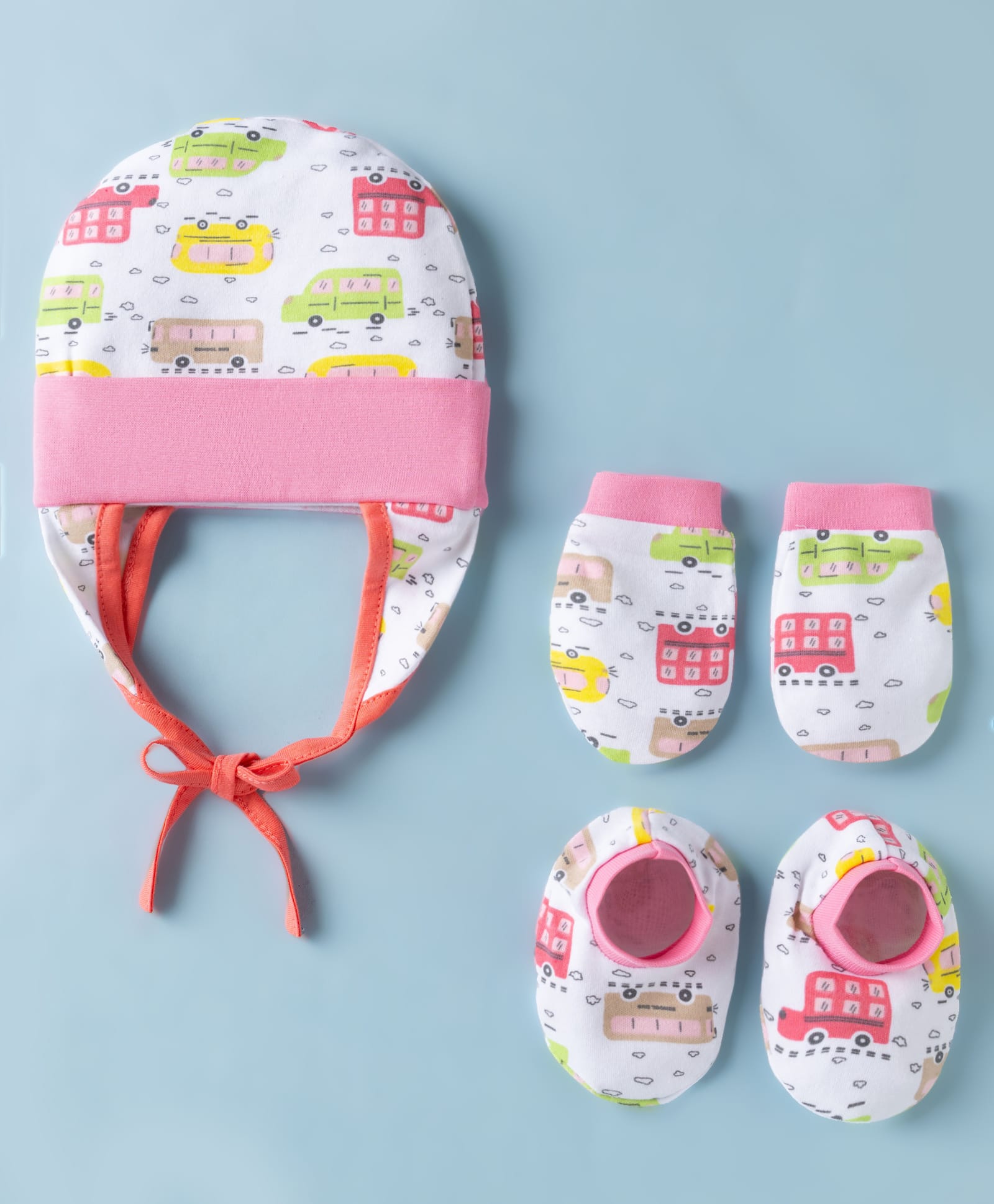 OHMS Single Jersey Knit Cap, Mitten & Booties Set With Vehicle Print Pink - Diameter 17 cm-picture-19
