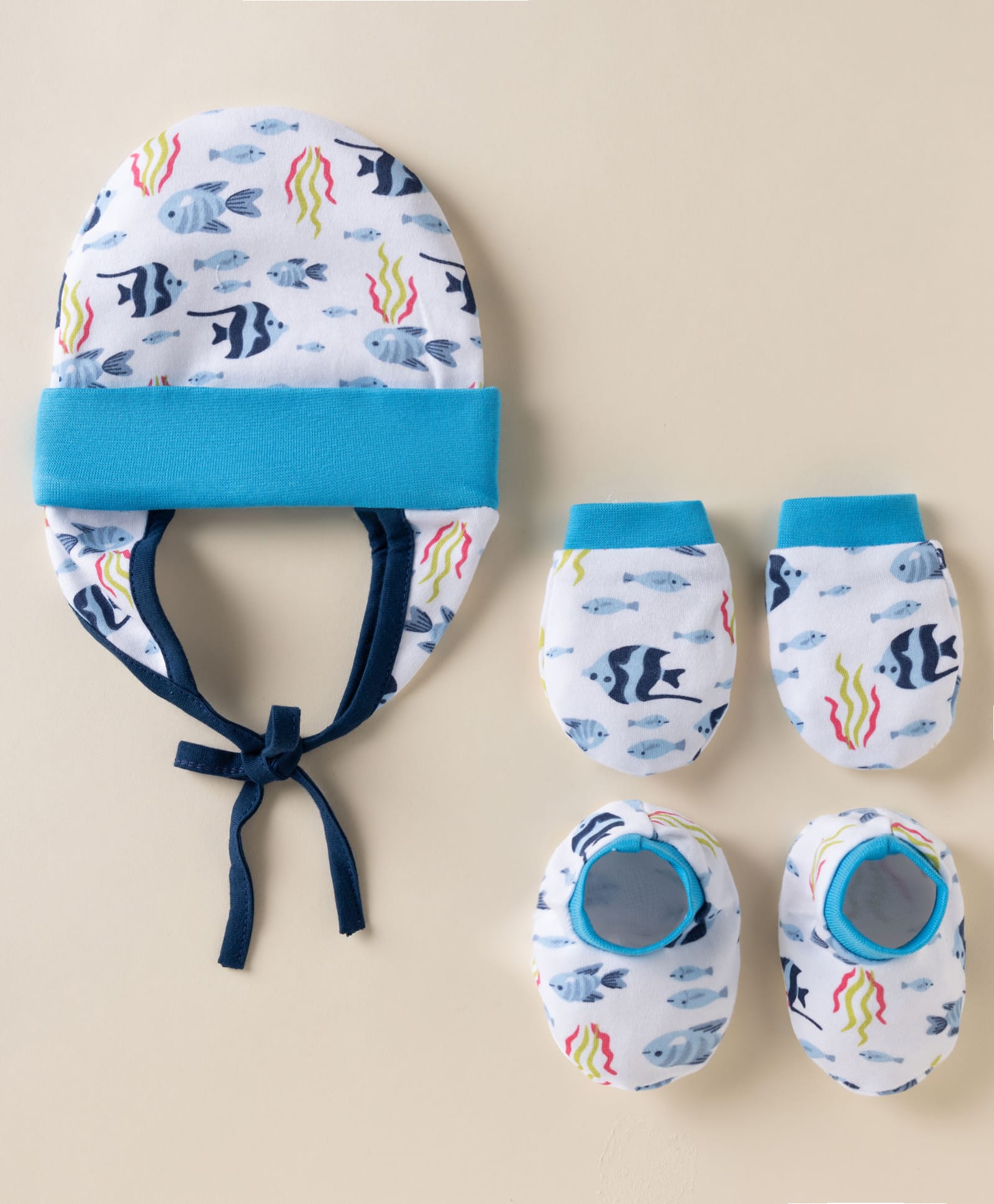 OHMS Single Jersey Knit Cap, Mitten & Booties Set With Sea Life Print Navy Blue - Diameter 16 cm-picture-37