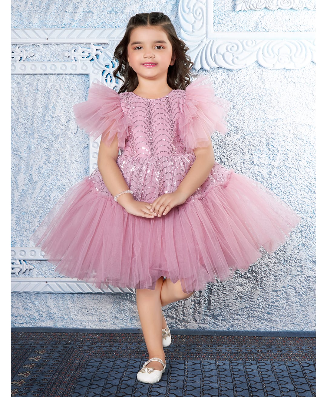 Ministitch Net Woven Frill Sleeves Sequin Embellished Dress - Onion Pink-picture-13