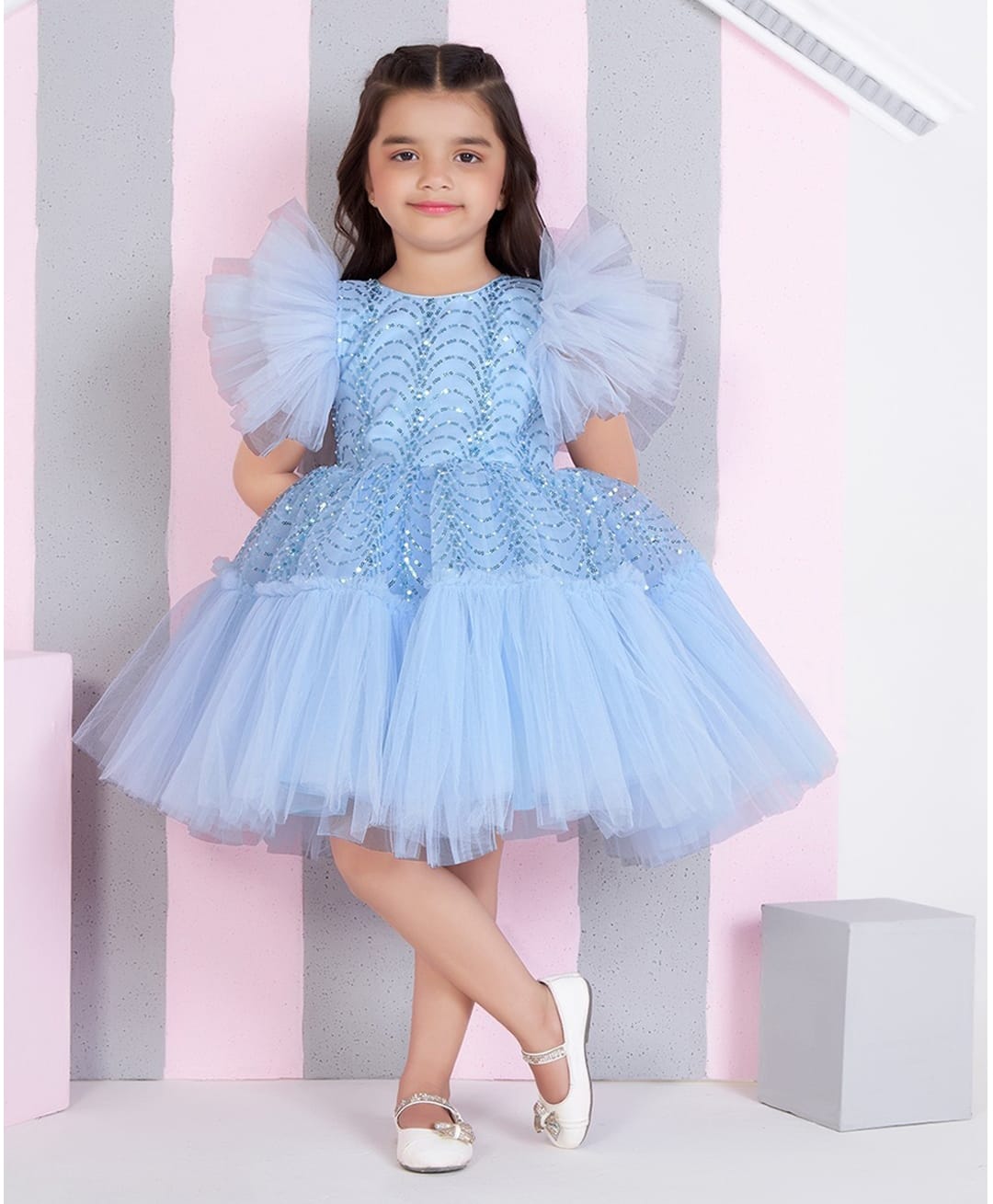 Ministitch Net Woven Frill Sleeves Sequin Embellished Dress - Blue-image-3