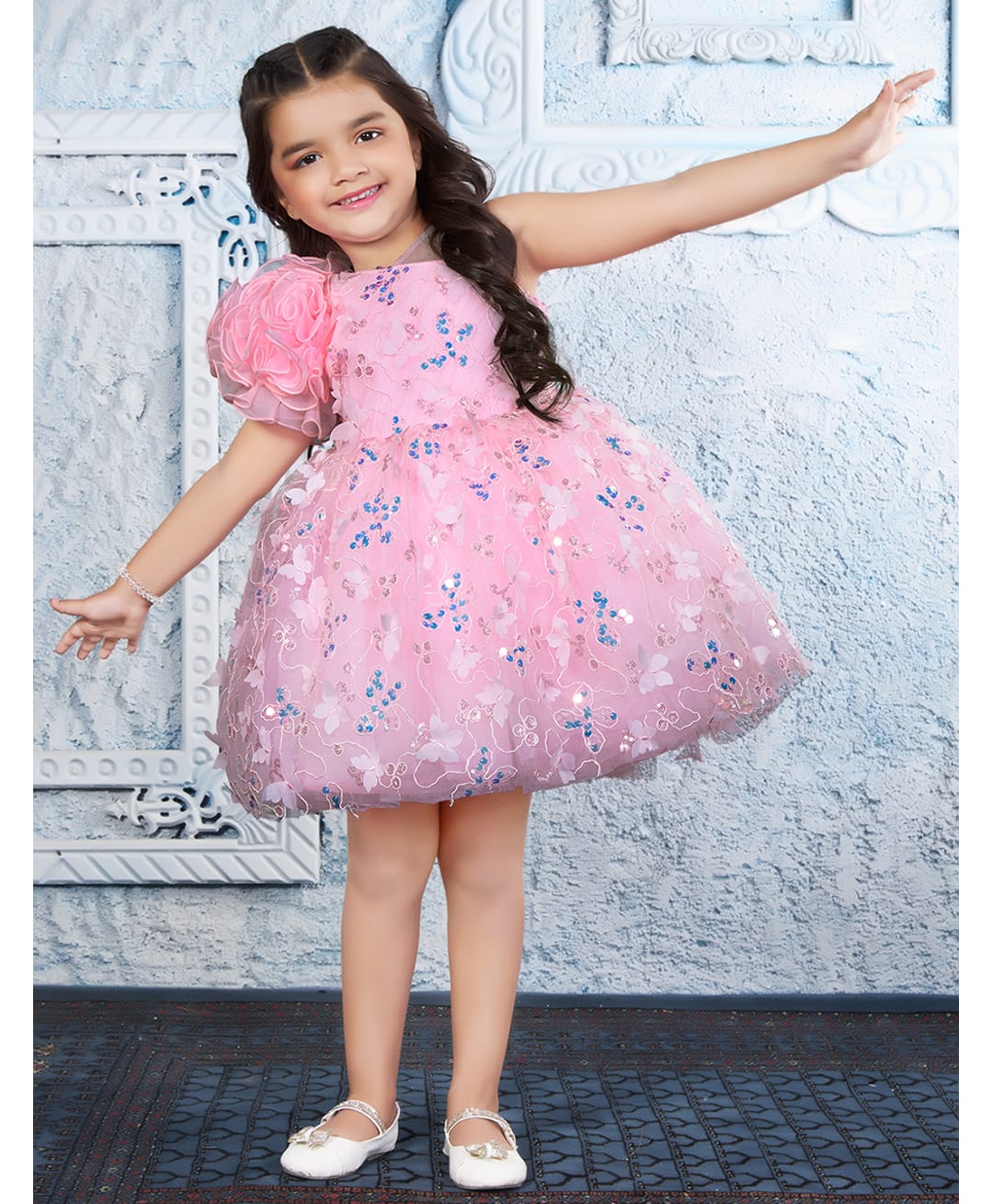 Ministitch Net Woven One Shoulder Sleeves Butterfly Applique Detailed Dress - Baby Pink-image-23