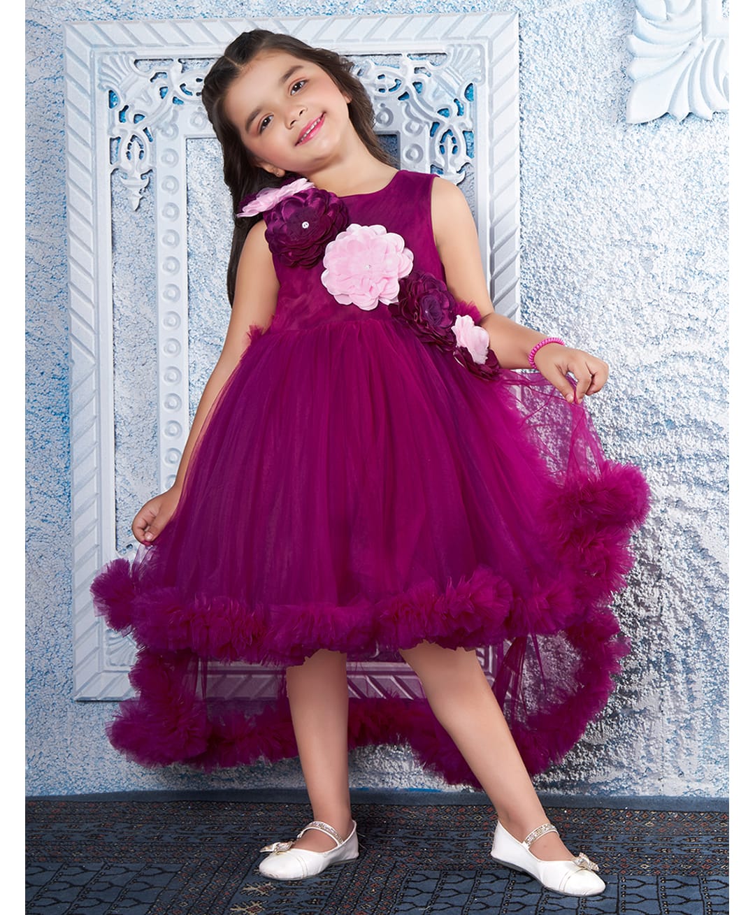 Ministitch Net Woven Sleeveless Floral Applique Detailed High Low Dress - Wine-image-2