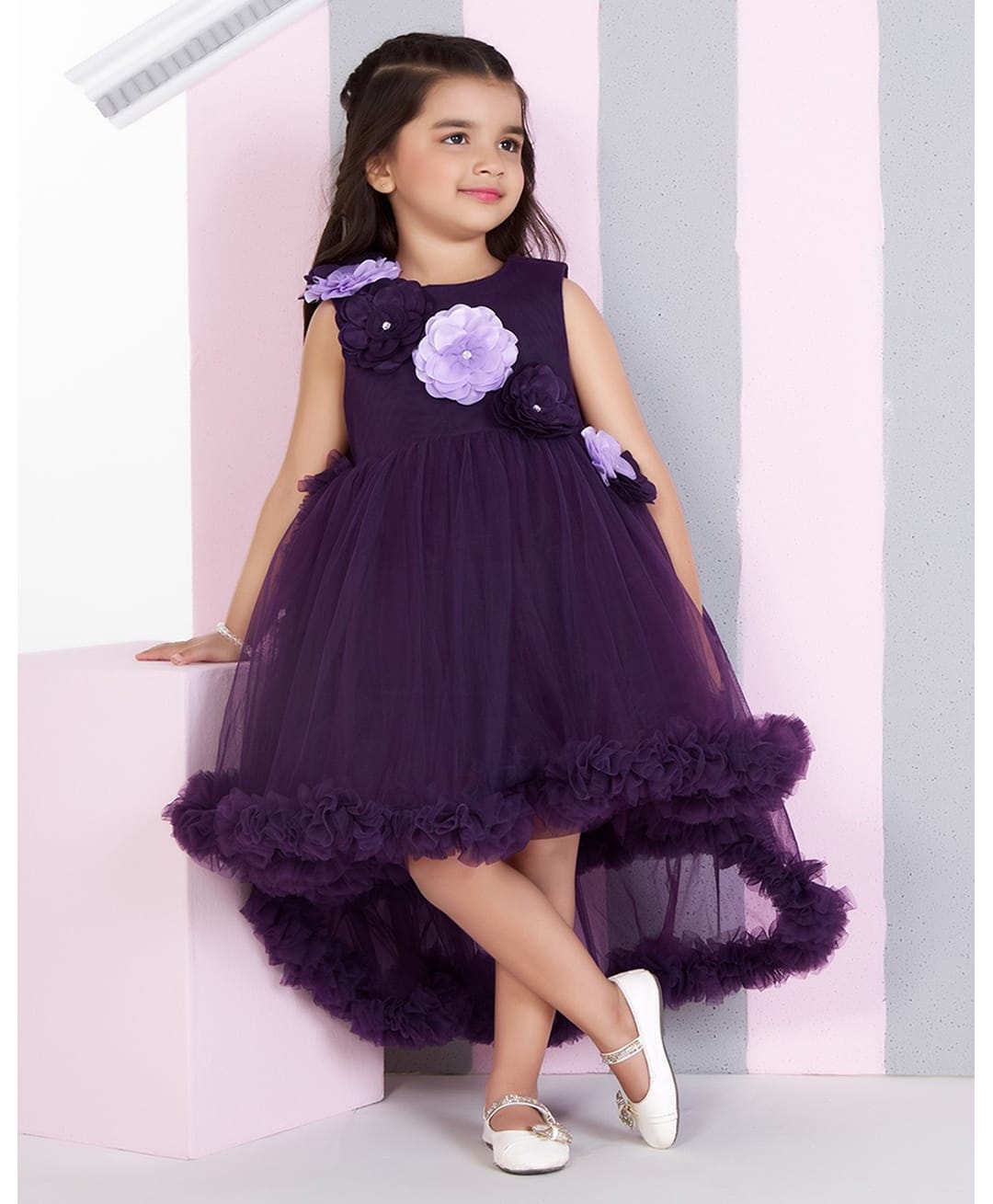 Ministitch Net Woven Sleeveless Floral Applique Detailed High Low Dress - Purple-image-21