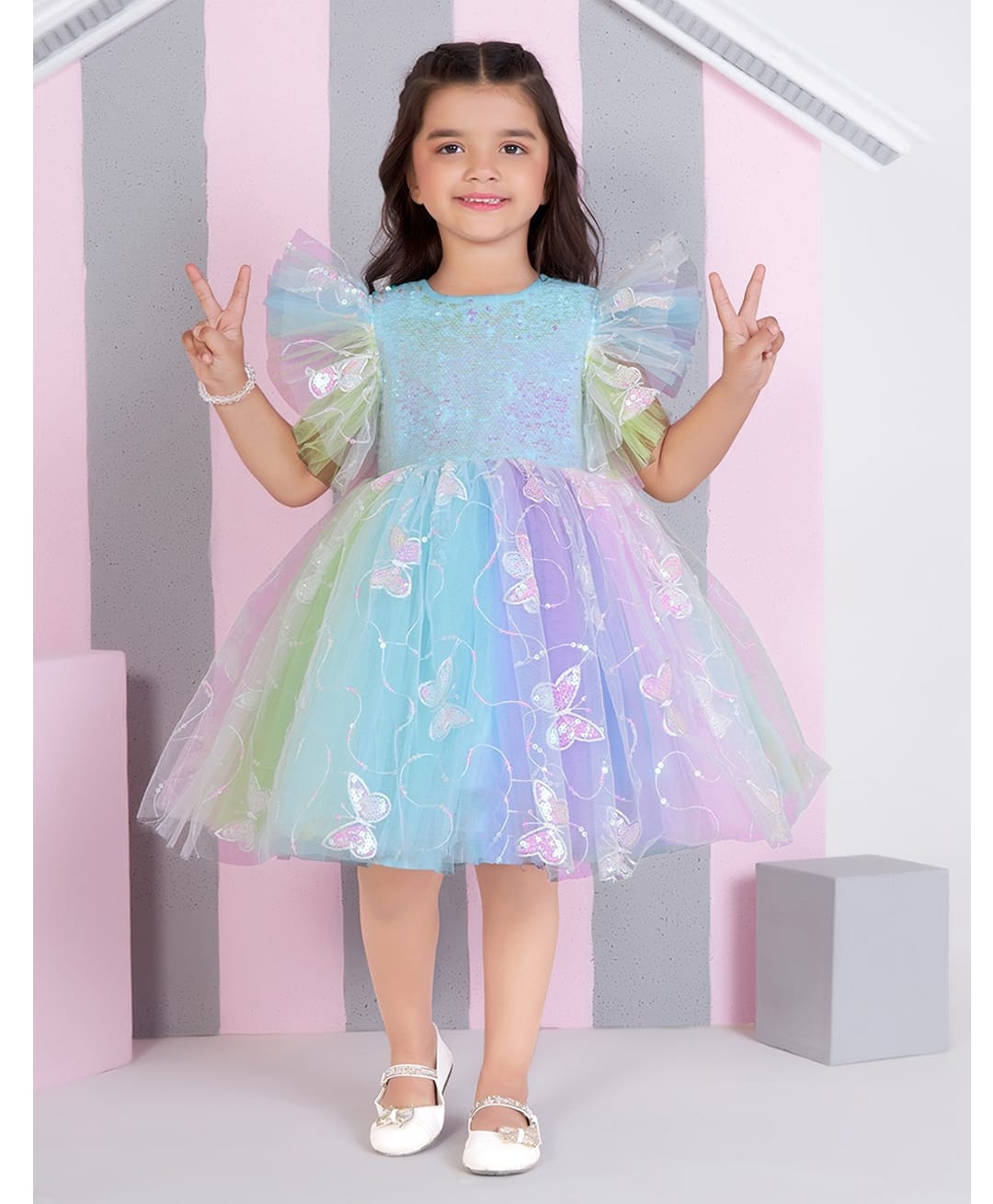 Ministitch Net Woven Sleeveless Butterfly Embroidered Sequin Embellished Dress - Multi Colour-image-42