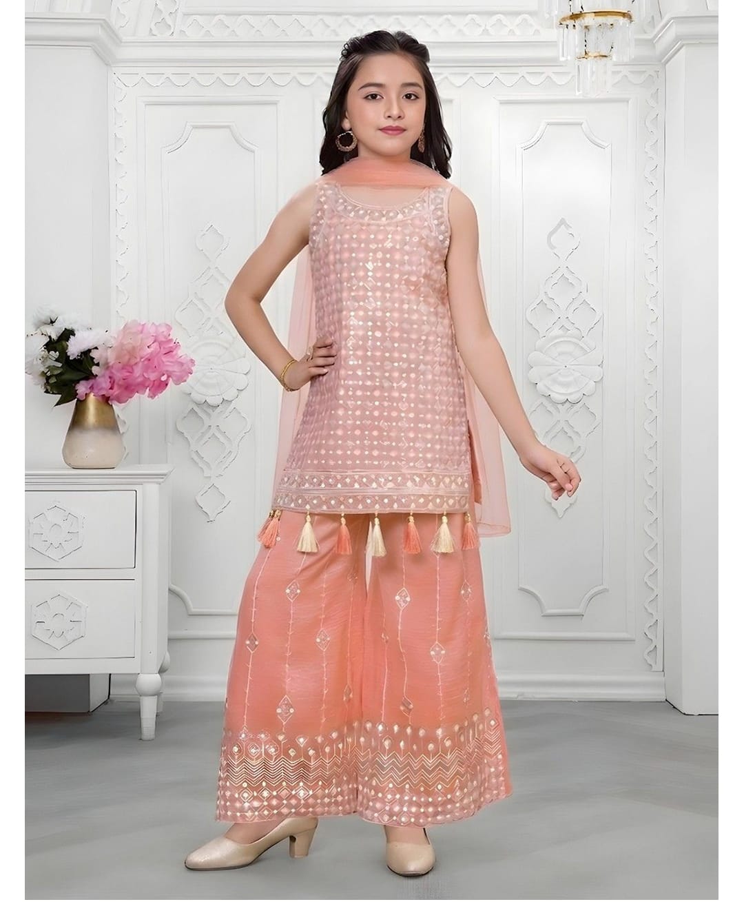 Ministitch Organza Woven Sleeveless Sequin Embellished Kurti & Palazzo Set With Dupatta - Peach-image-29