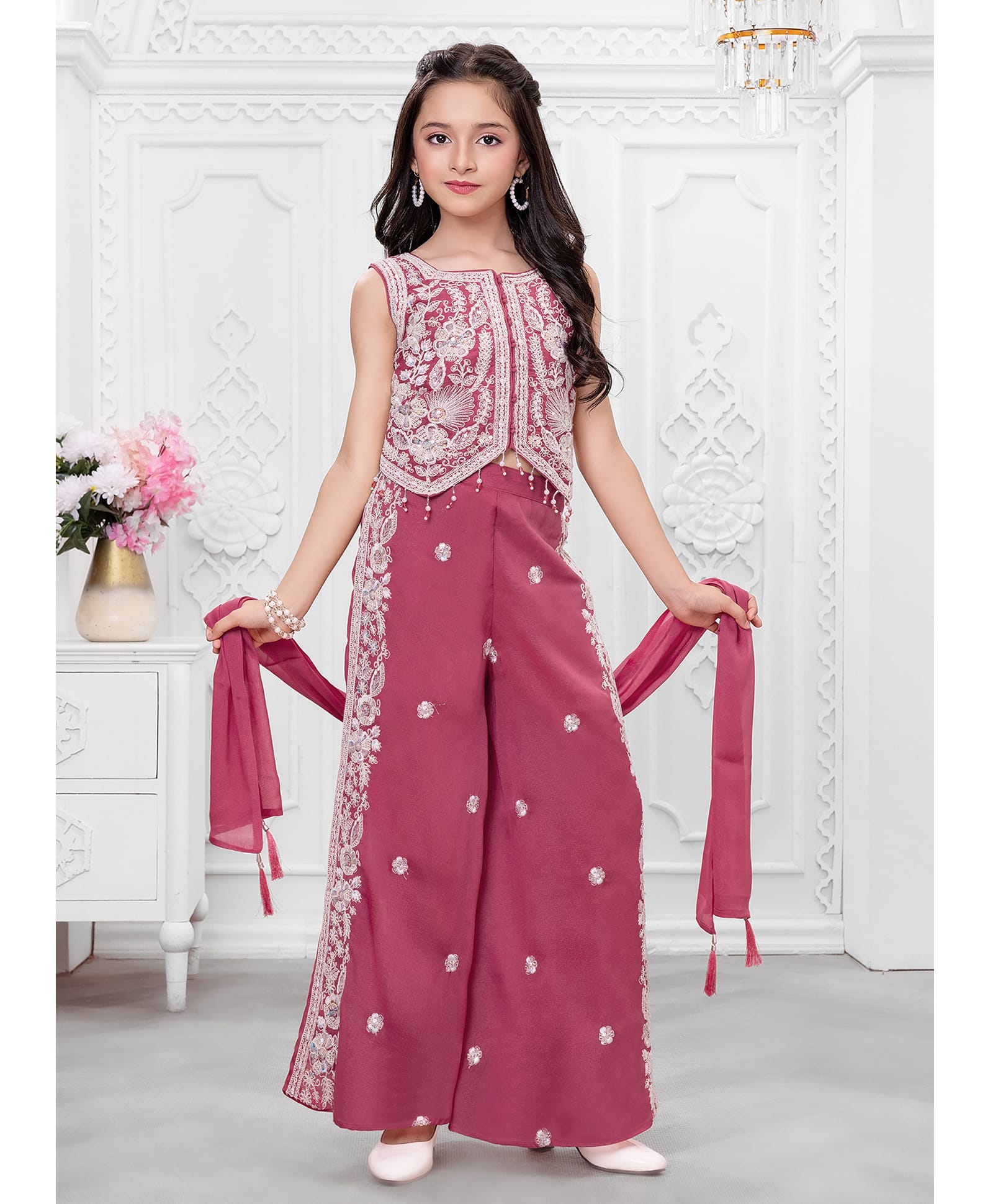 Ministitch Cotton Silk Woven Sleeveless Zari Work Embroidered Top & Palazzo Set With Dupatta - Pink-picture-35
