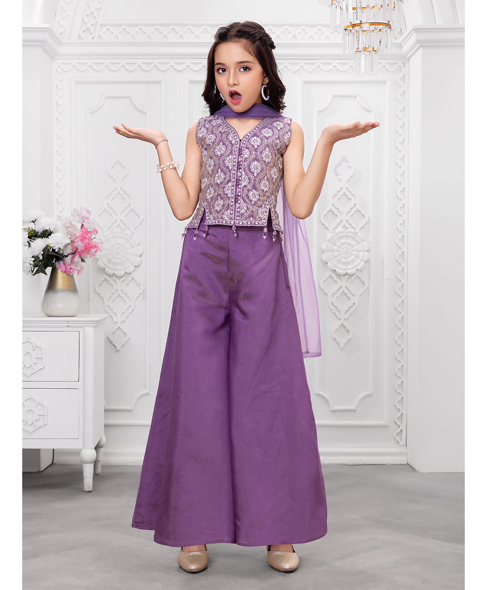 Ministitch Cotton Silk Woven Sleeveless Floral Embroidered Top & Palazzo Set With Dupatta - Lavender-image-7