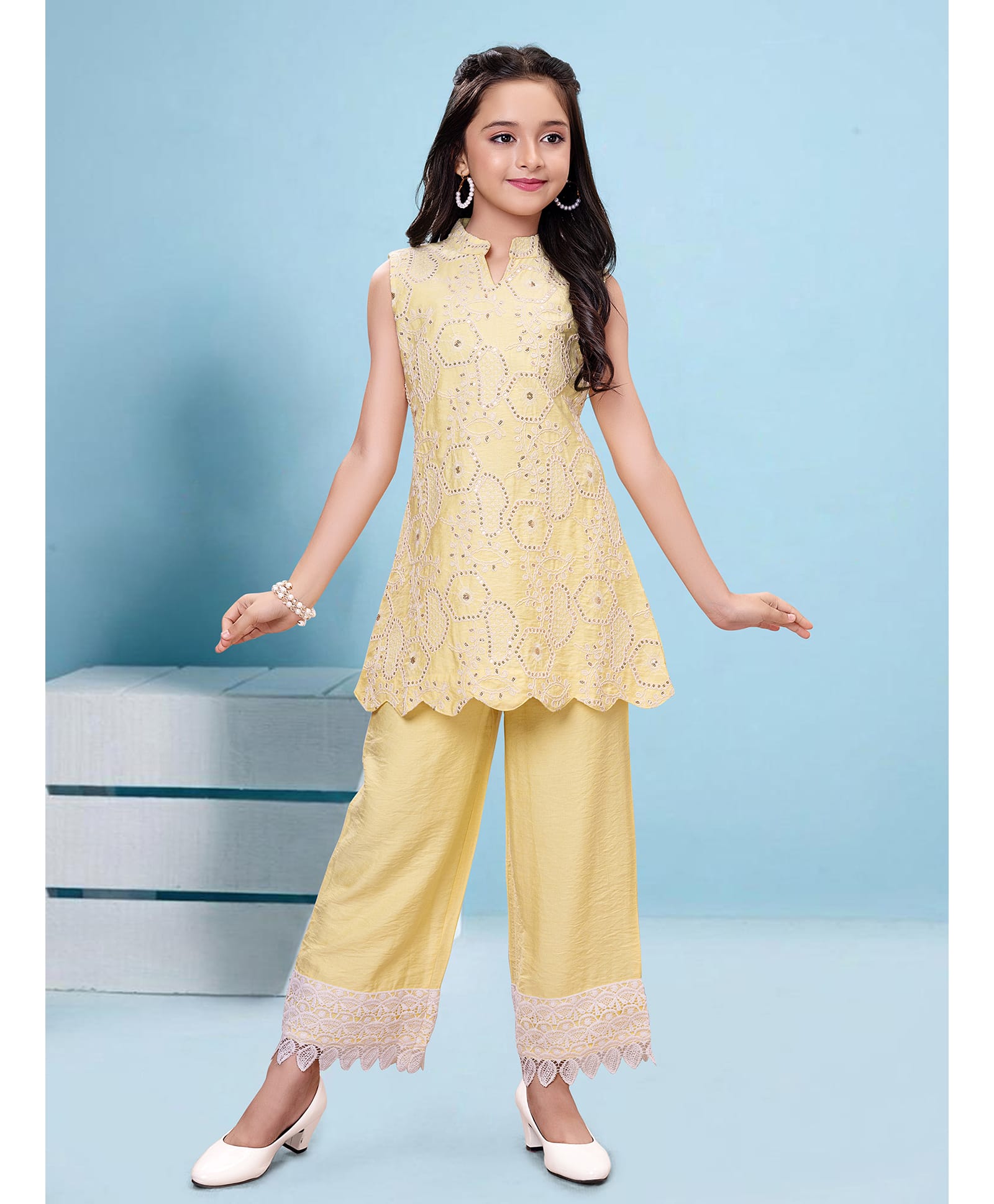 Ministitch Rayon Woven Sleeveless Abstract Embroidered Kurti & Palazzo Set - Yellow-picture-10