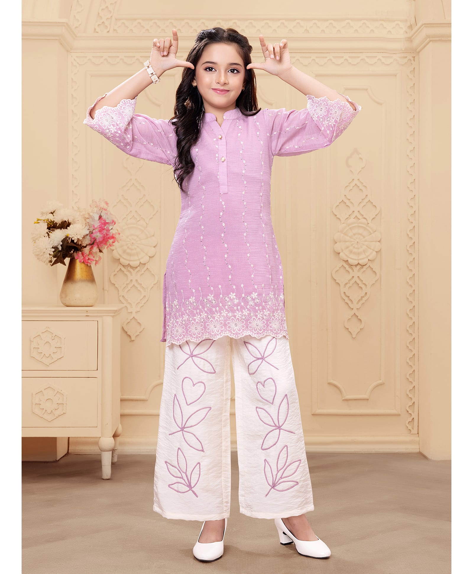 Ministitch Rayon Woven Three Fourth Sleeves Floral Embroidered Kurti & Palazzo Set - Pink-image-19