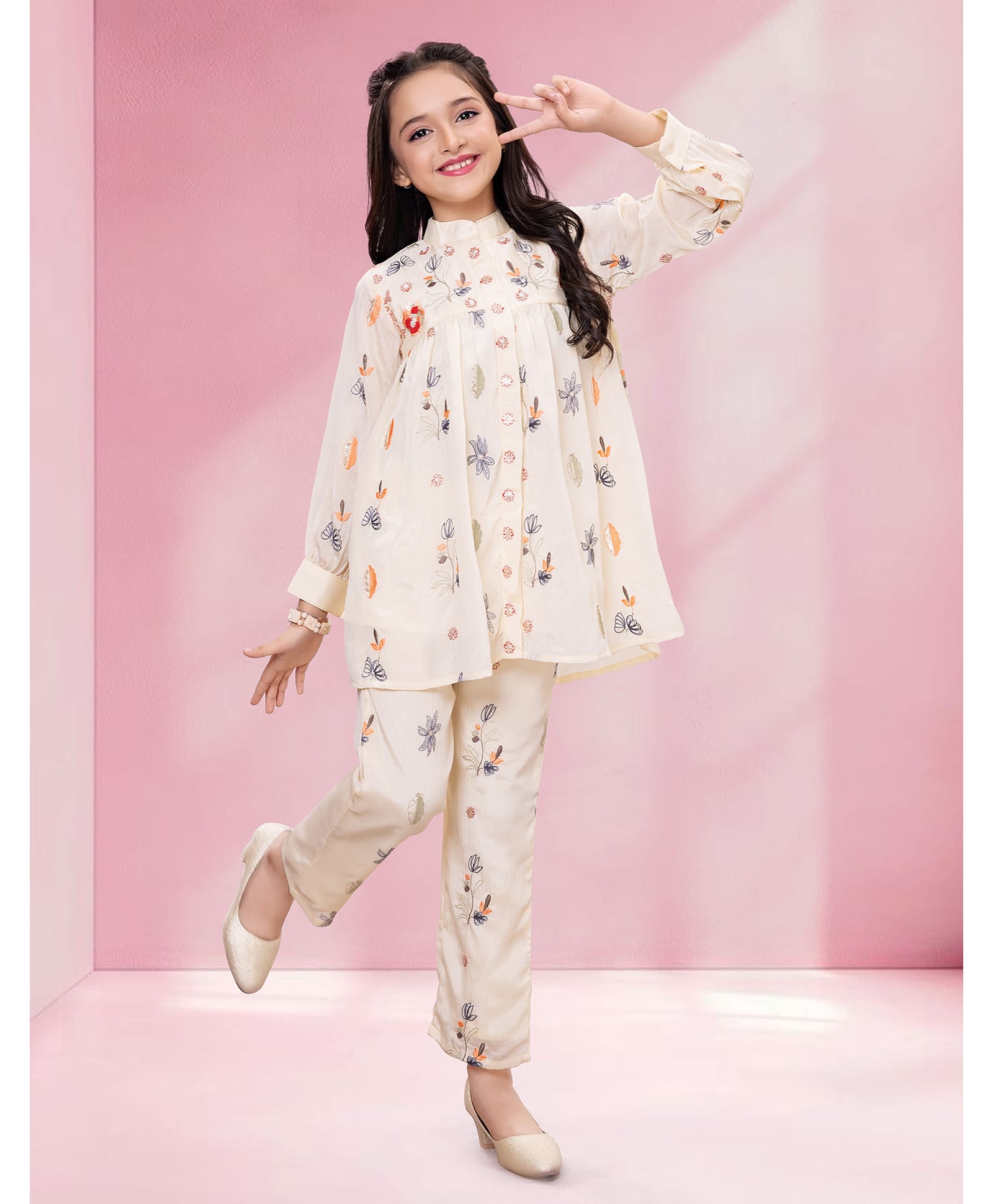 Ministitch Crinkle Crepe Woven Full Sleeves Floral Embroidered Top & Palazzo - Cream-picture-33