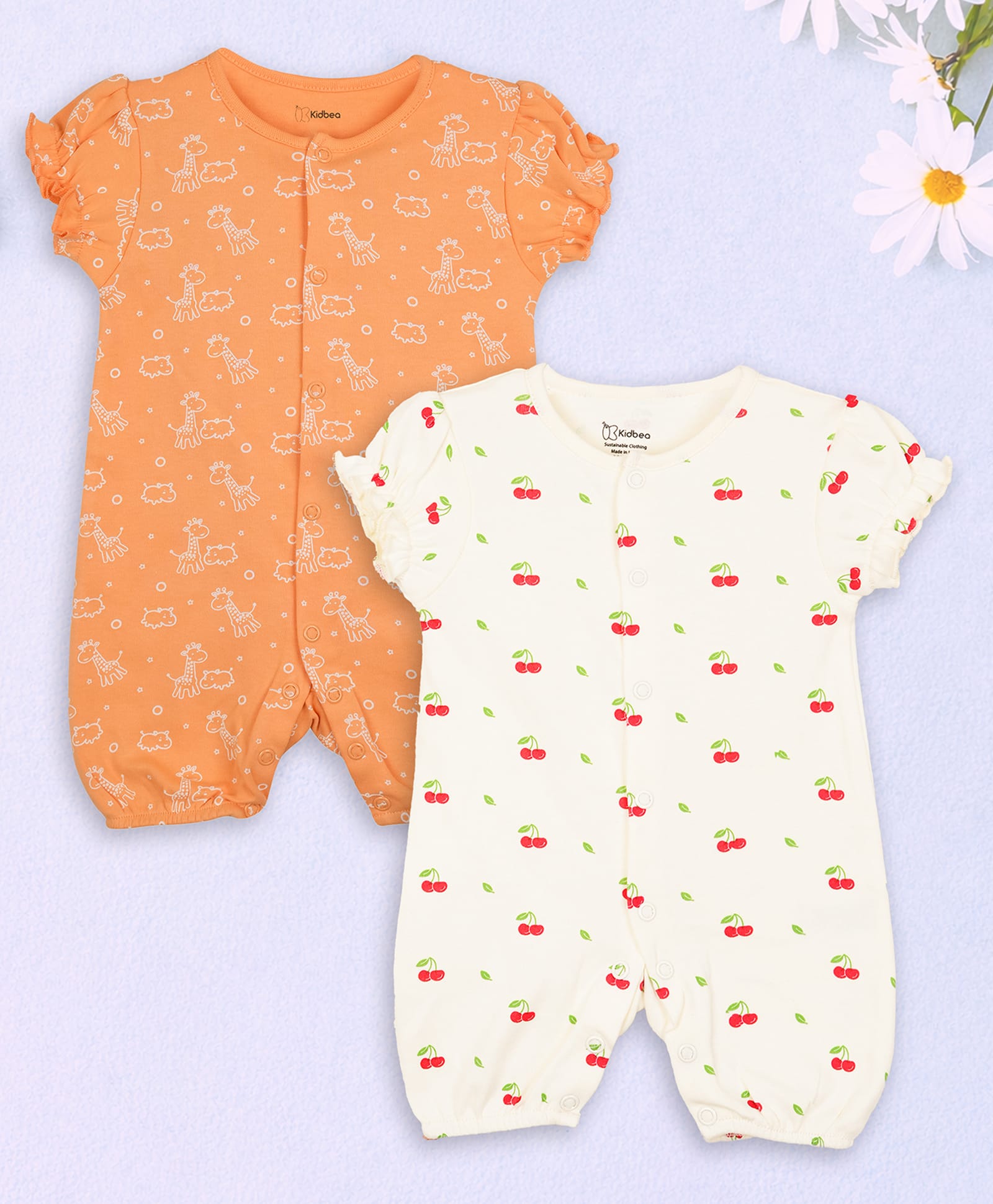 Kidbea Cotton Woven Pack Of 2 Puffed Sleeves Giraffe & Cherry Printed Rompers - White & Dark Orange-image-47