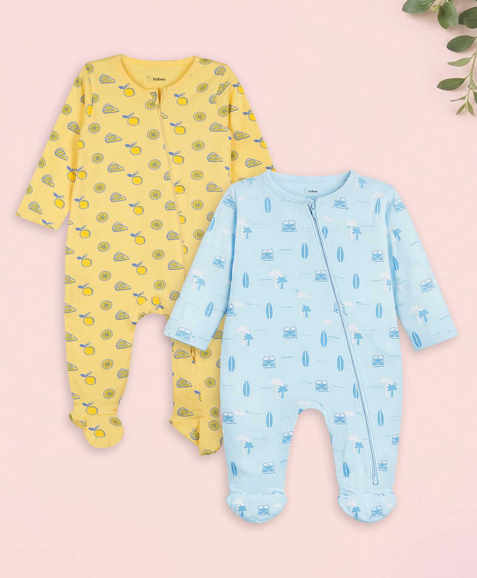 Kidbea Cotton Woven Pack Of 2 Full Sleeves Lemons & Animal Printed Footed Rompers - Yellow & Light Blue-image-19